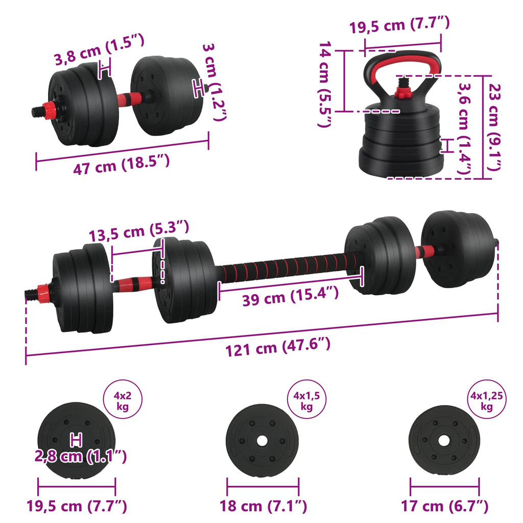vidaXL Zestaw Hantli 4w1: Hantla, Sztanga, Kettlebell 20 kg