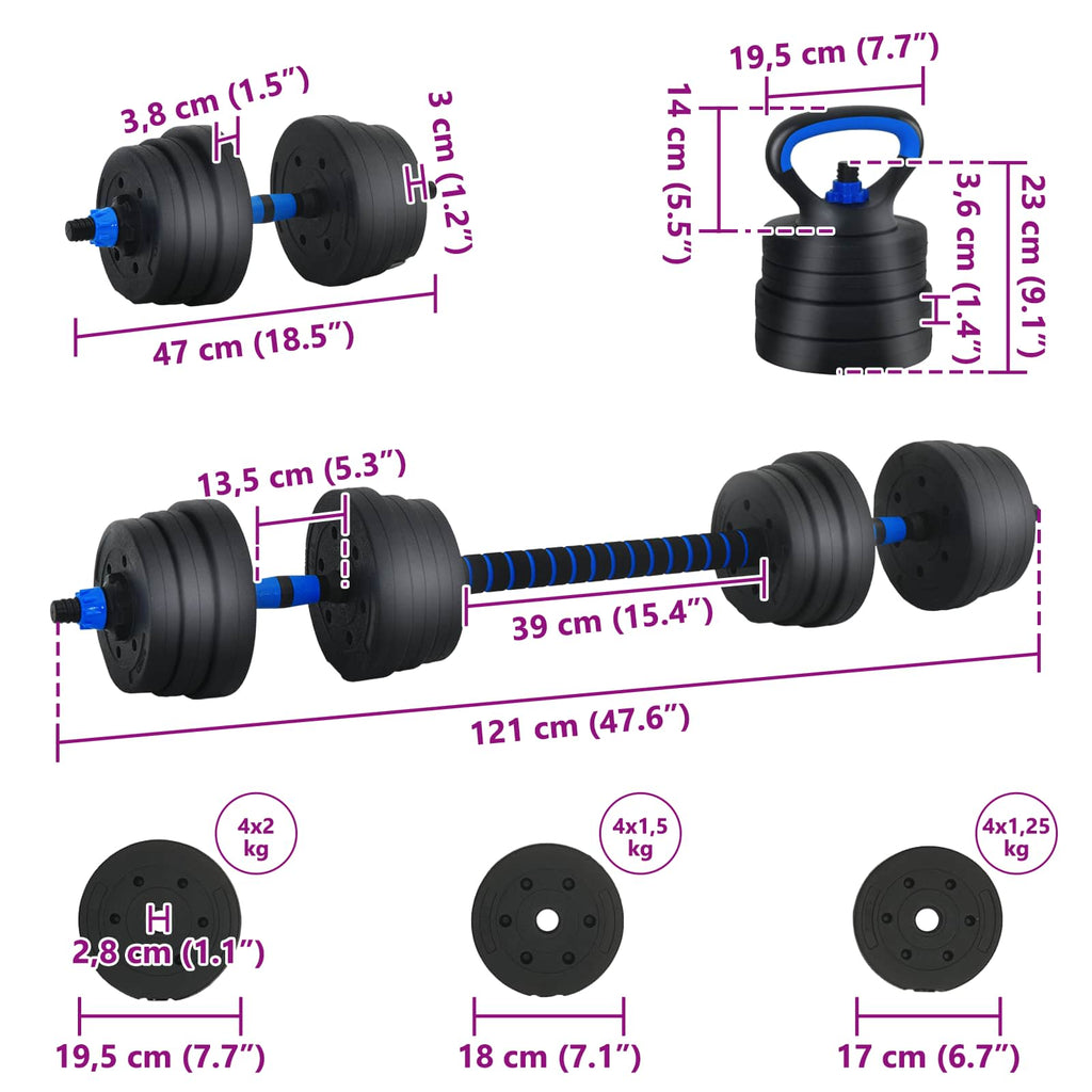 vidaXL Zestaw Hantli Barbell Kettlebell 4 w 1 20 kg Czarny i niebieski