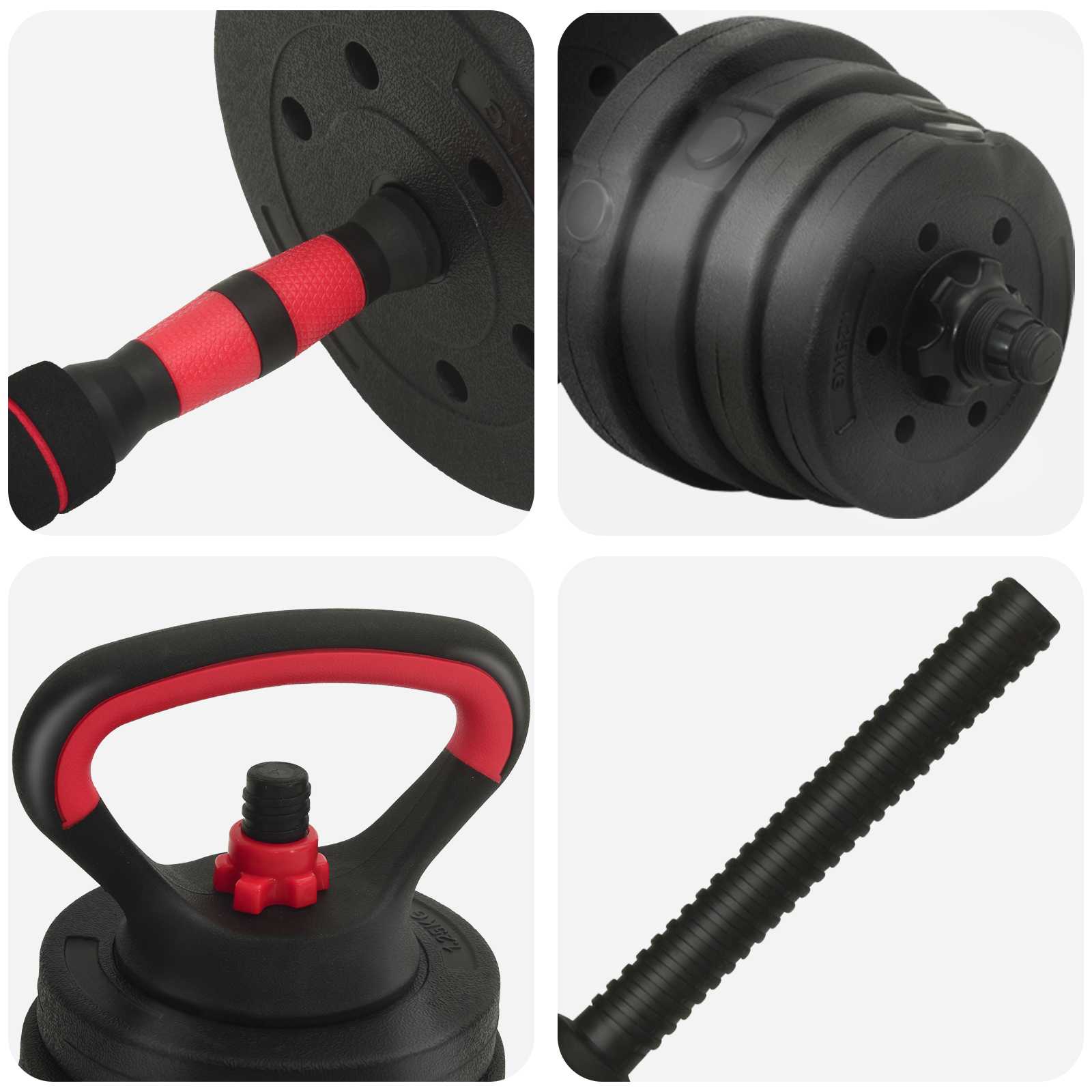 vidaXL Zestaw Hantli Barbell Kettlebell 4 w 1 30 kg Czarny i czerwony