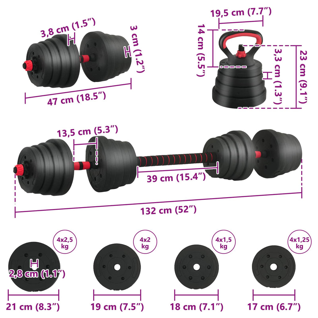 vidaXL Zestaw Hantli Barbell Kettlebell 4 w 1 30 kg Czarny i czerwony