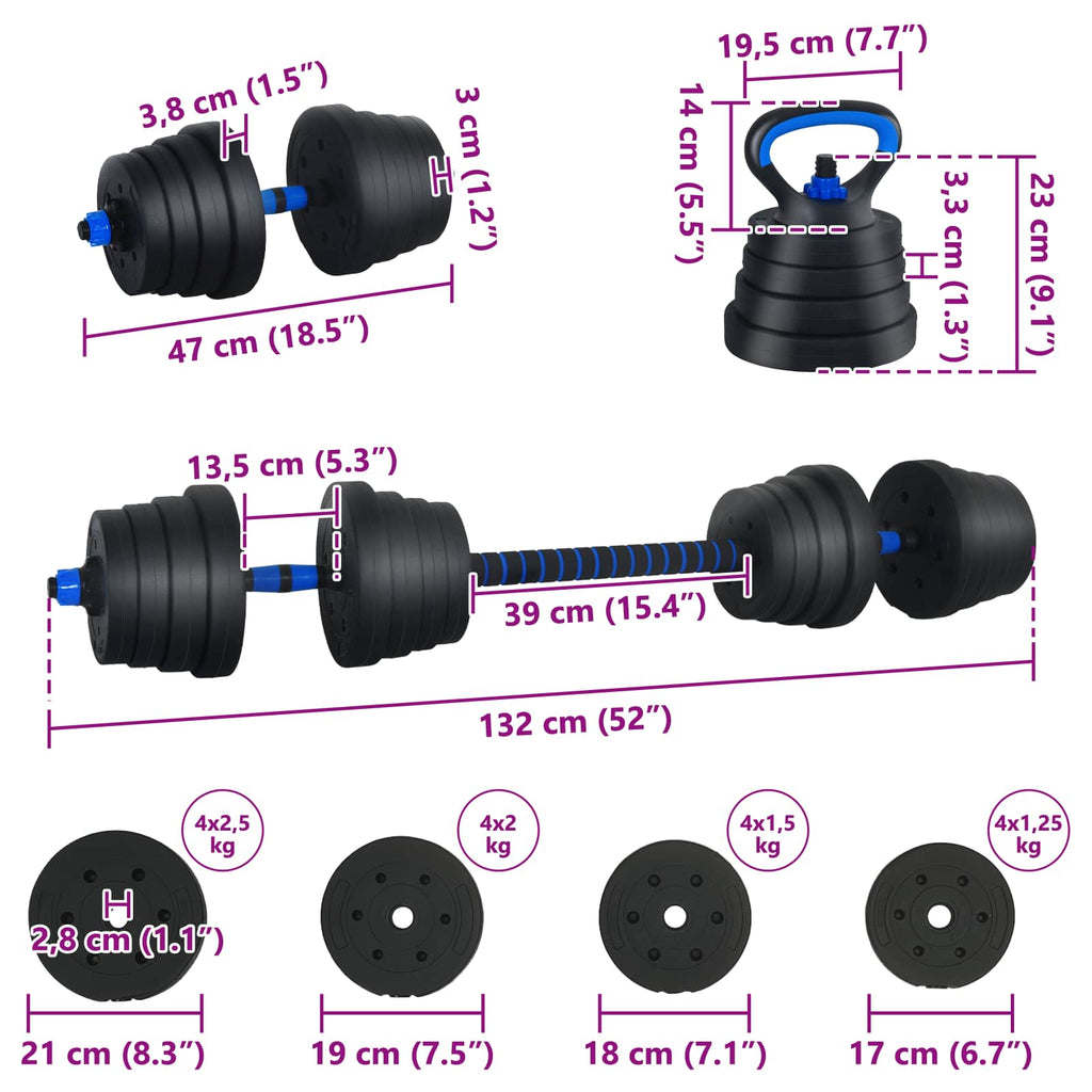 vidaXL Zestaw Hantli 4w1: Hantla, Sztanga, Kettlebell 30 kg