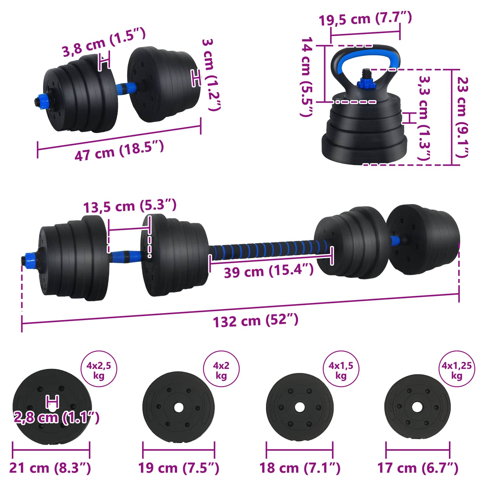 vidaXL Zestaw Hantli 4w1: Hantla, Sztanga, Kettlebell 30 kg