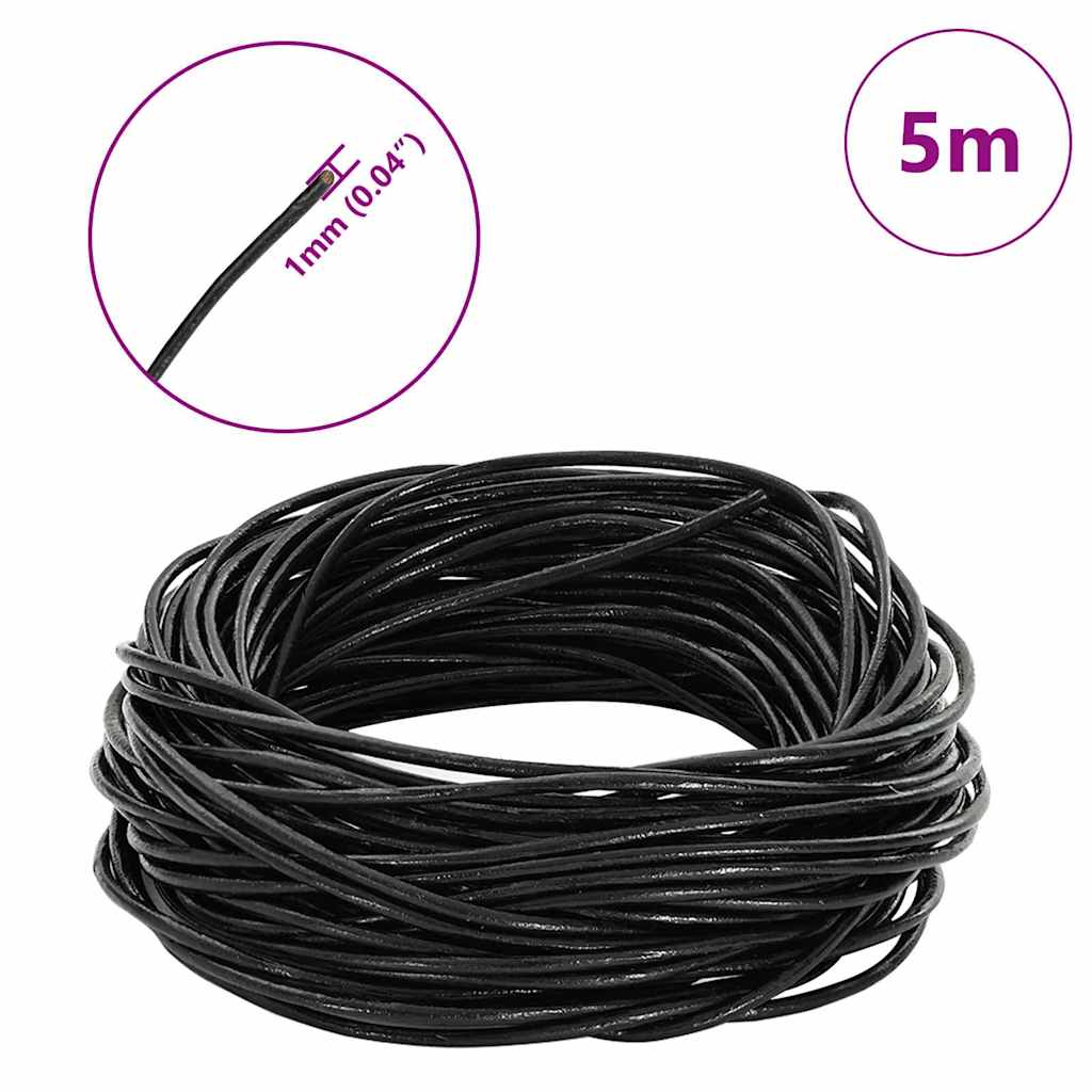 vidaXL Sznur skórzany Czarny Ø1 mm x 5 m Skóra
