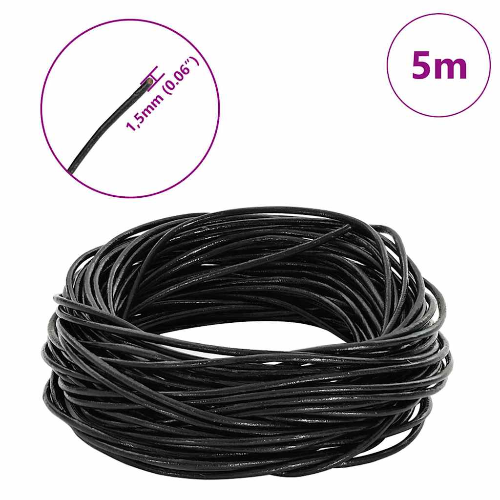 vidaXL Sznur skórzany Czarny Ø1,5 mm x 5 m Skóra