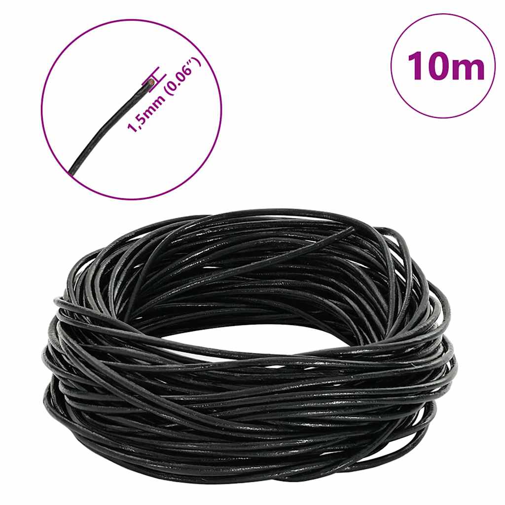 vidaXL Sznur skórzany Czarny Ø1,5 mm x 10 m Skóra