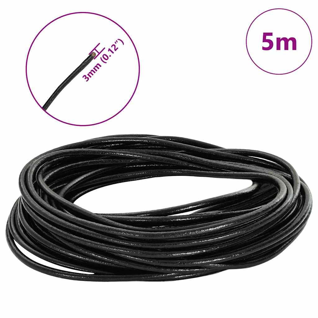 vidaXL Sznur skórzany Czarny Ø3 mm x 5 m Skóra