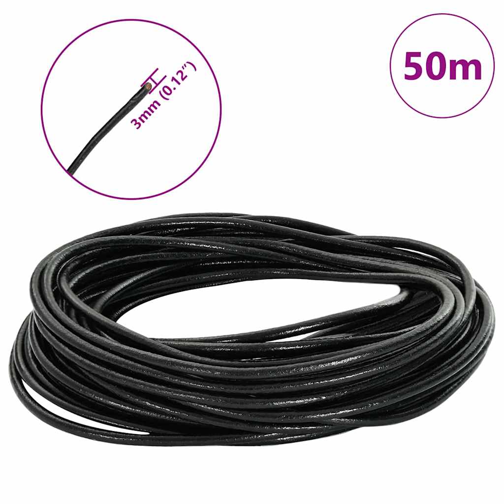 vidaXL Sznur skórzany Czarny Ø3 mm x 50 m Skóra