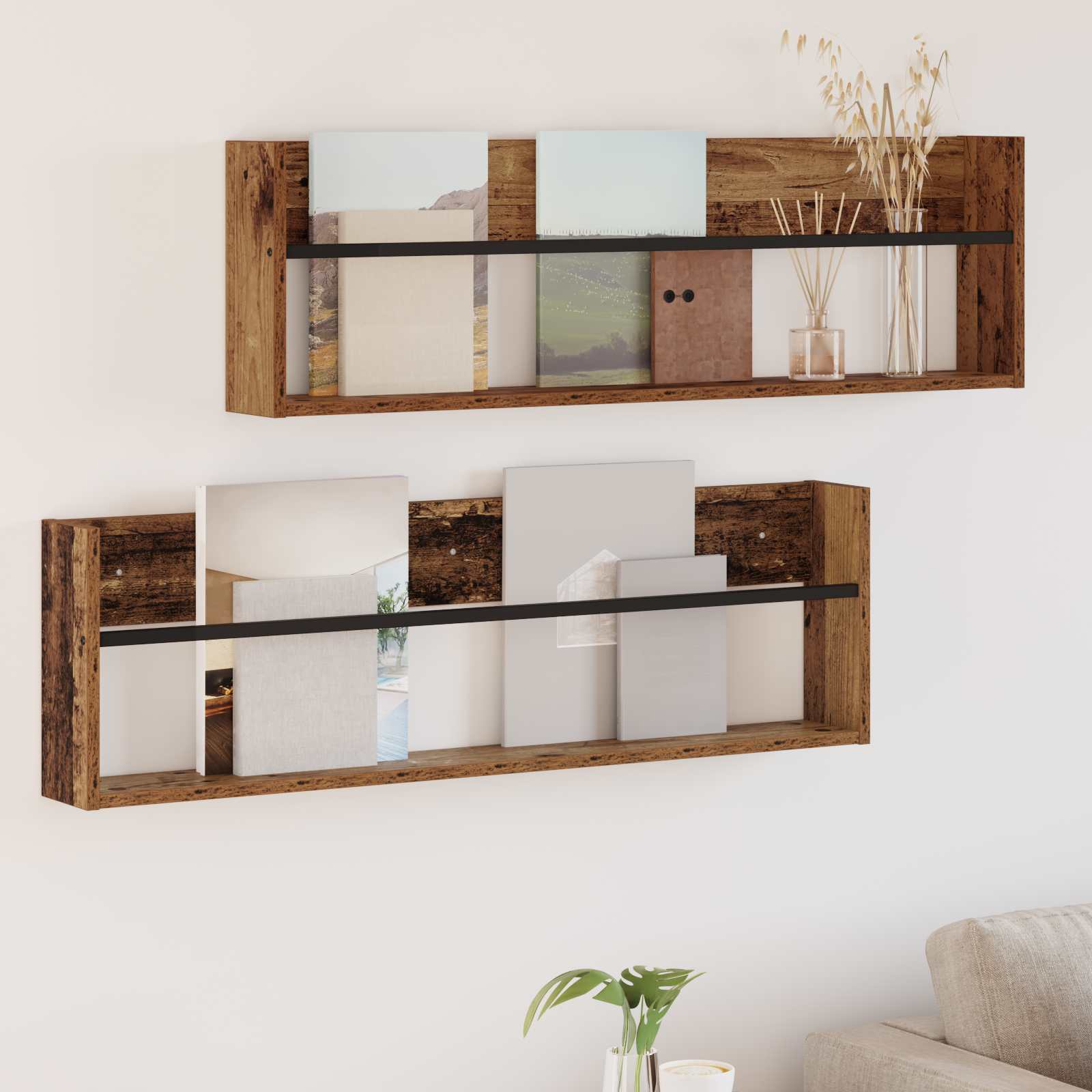 vidaXL Regał na gazety z półką 2 pcs Stare drewno 100 x 12 x 30 cm