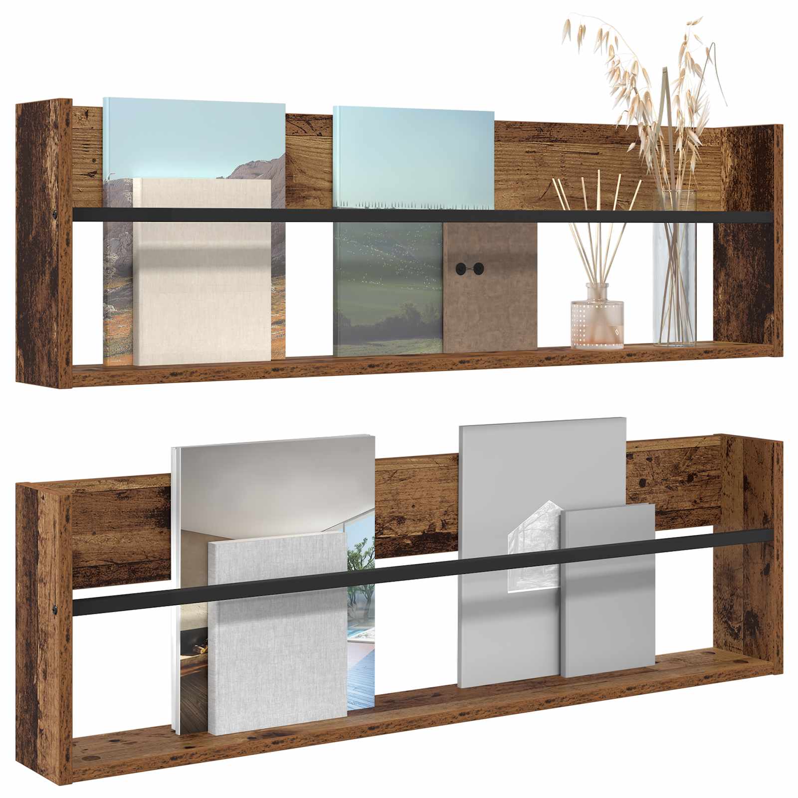 vidaXL Regał na gazety z półką 2 pcs Stare drewno 100 x 12 x 30 cm
