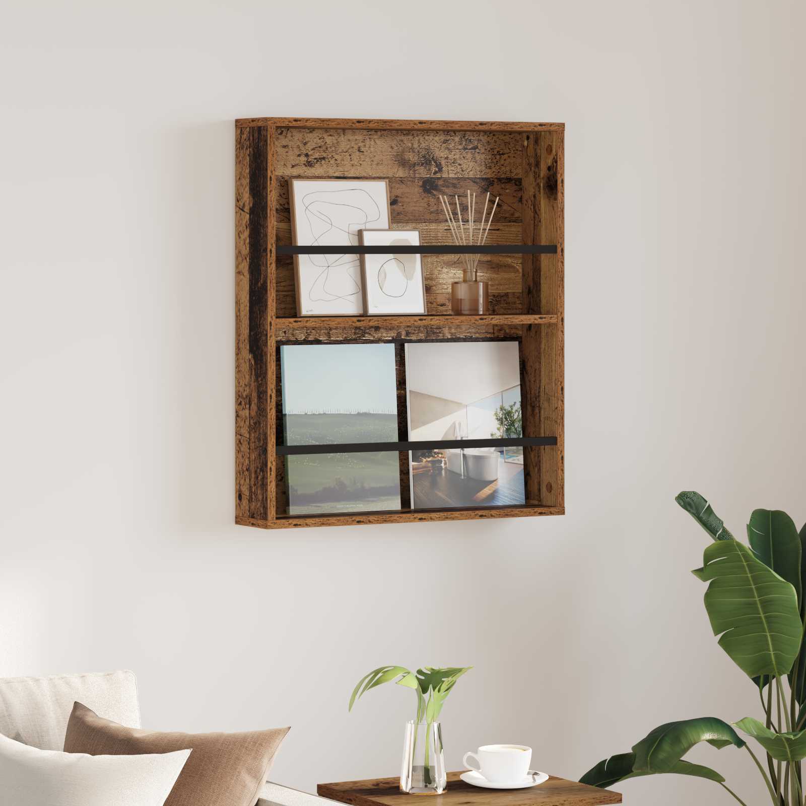 vidaXL Regał na gazety z półką Stare drewno 60 x 12 x 70 cm