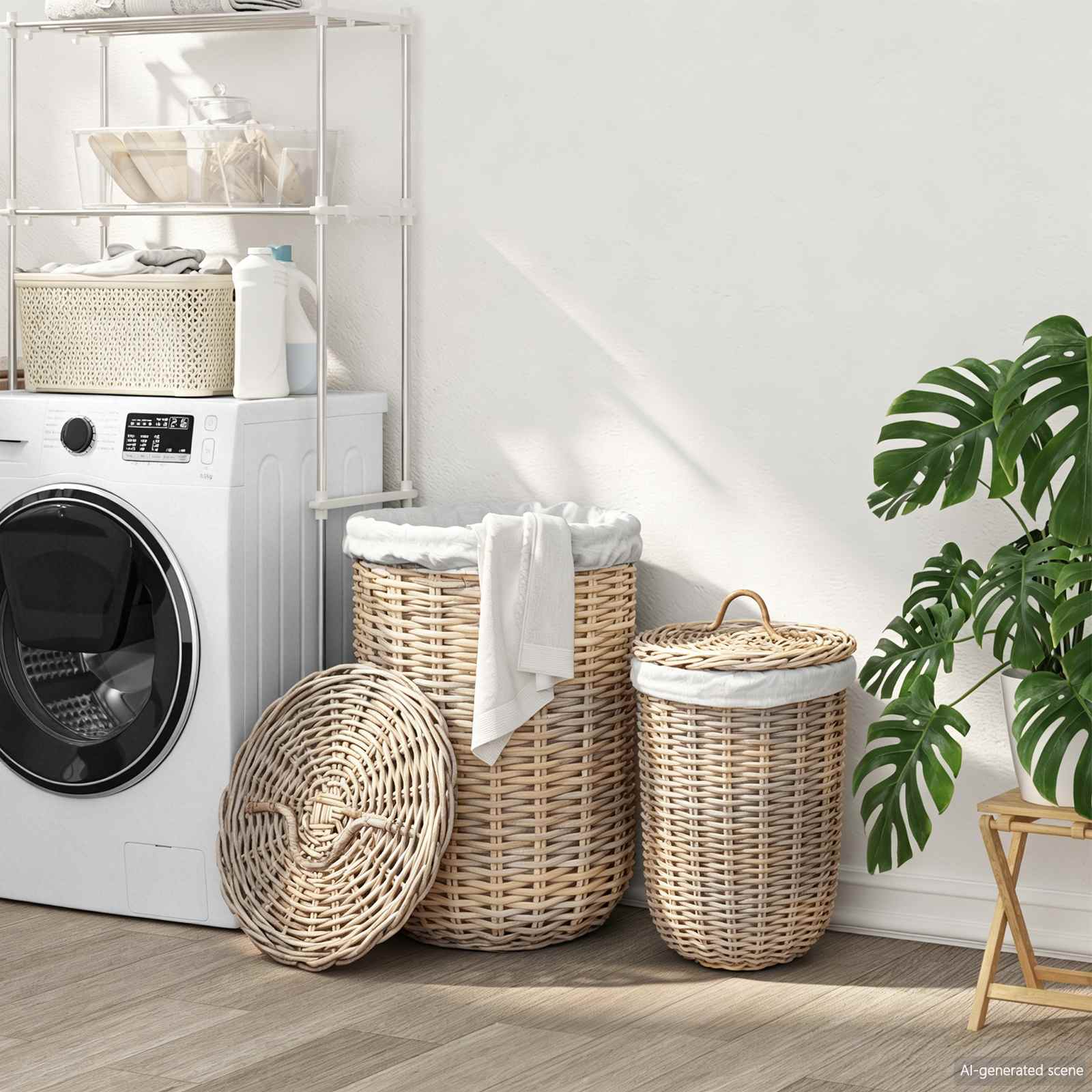 vidaXL Kosz na pranie z pokrywą 2 pcs Naturalna szarość Rattan Kubu
