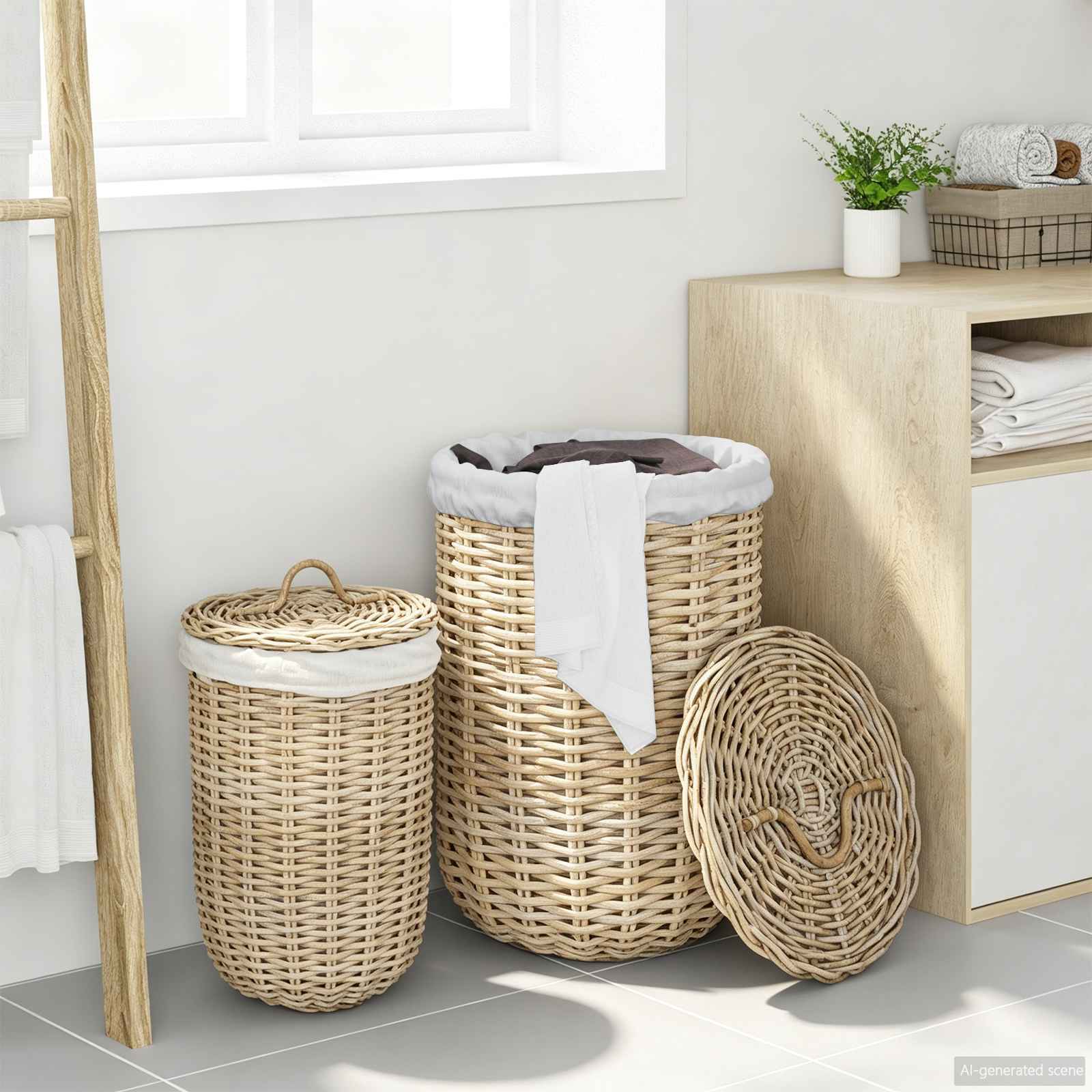 vidaXL Kosz na pranie z pokrywą 2 pcs Naturalna szarość Rattan Kubu