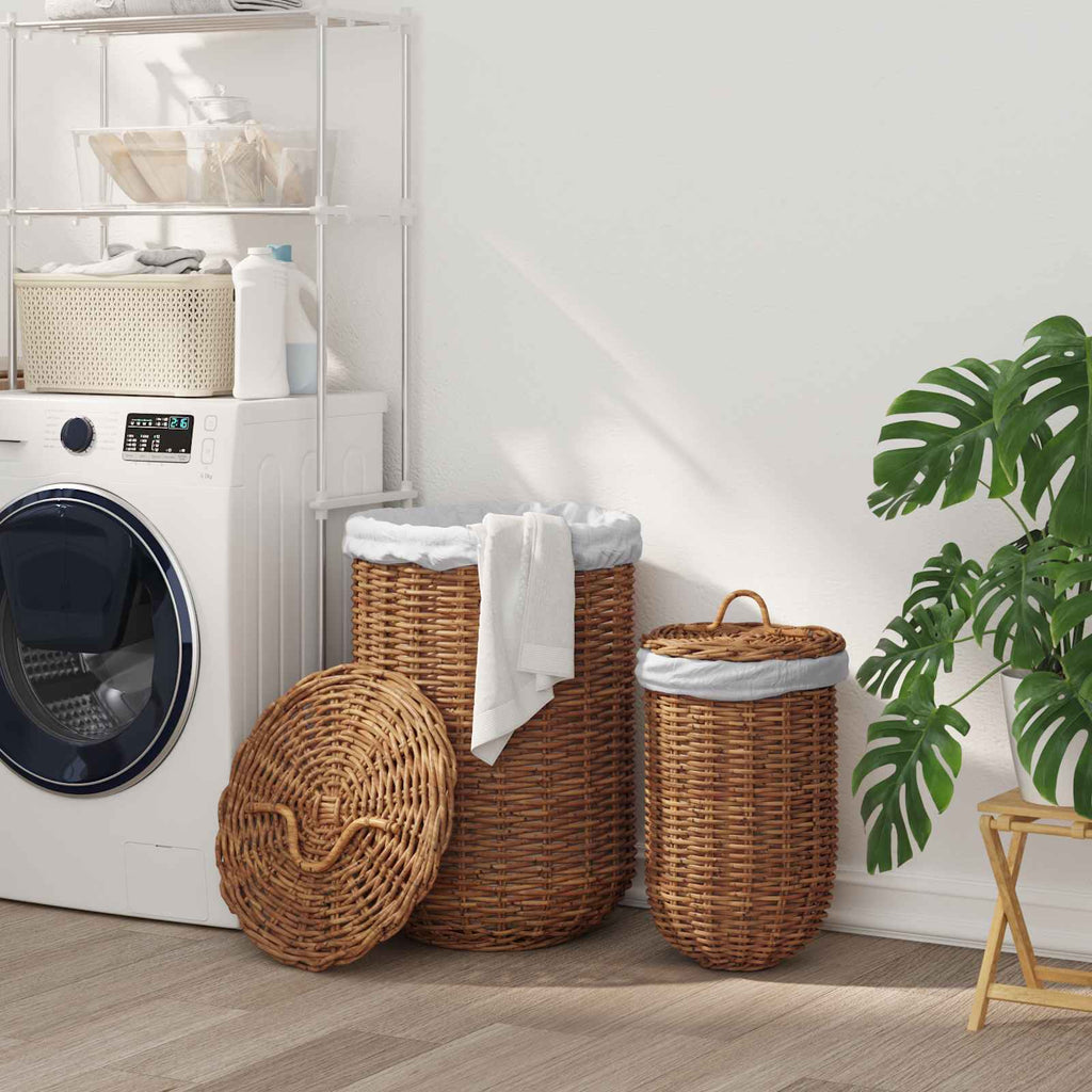 vidaXL Kosz na pranie z pokrywą 2 pcs Naturalny Brąz Rattan Kubu