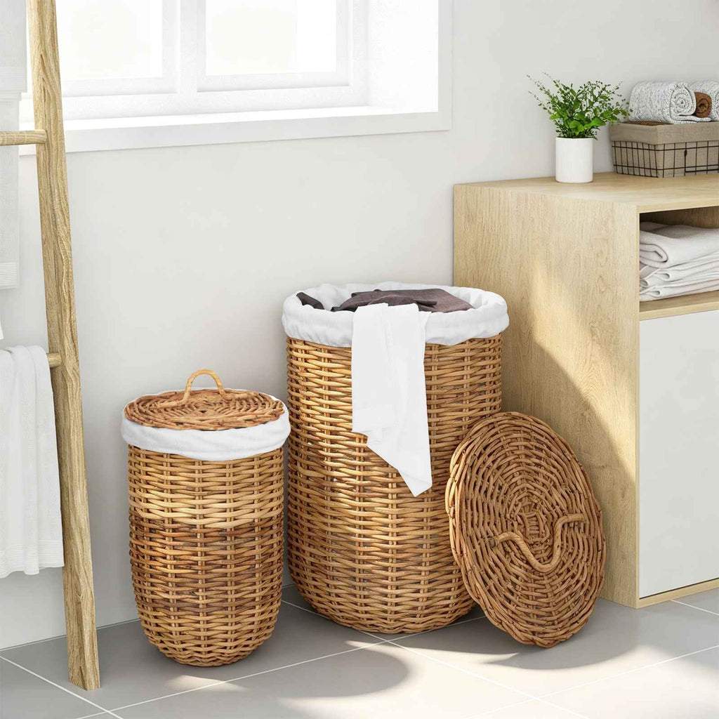 vidaXL Kosz na pranie z pokrywą 2 pcs Naturalny Brąz Rattan Kubu