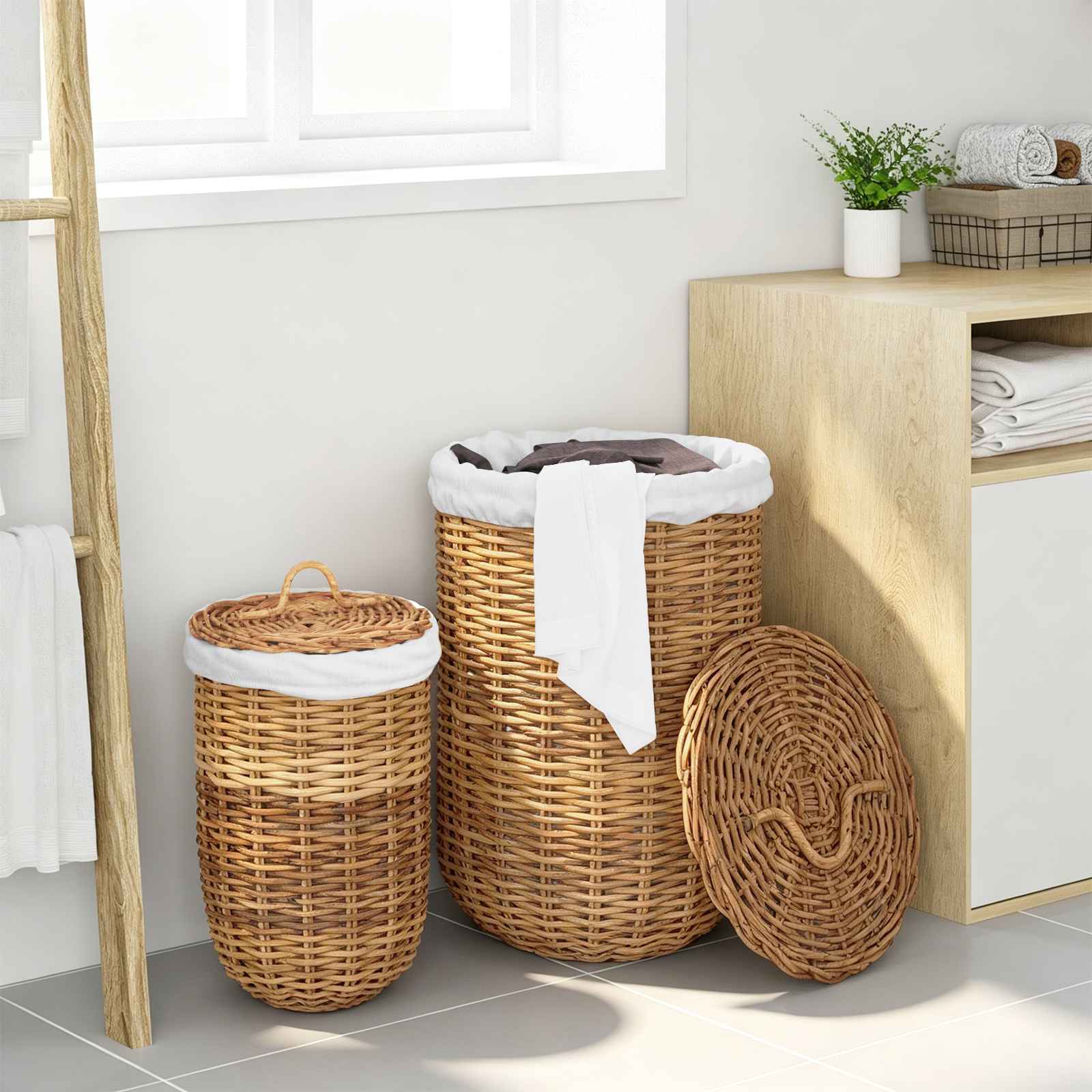 vidaXL Kosz na pranie z pokrywą 2 pcs Naturalny Brąz Rattan Kubu