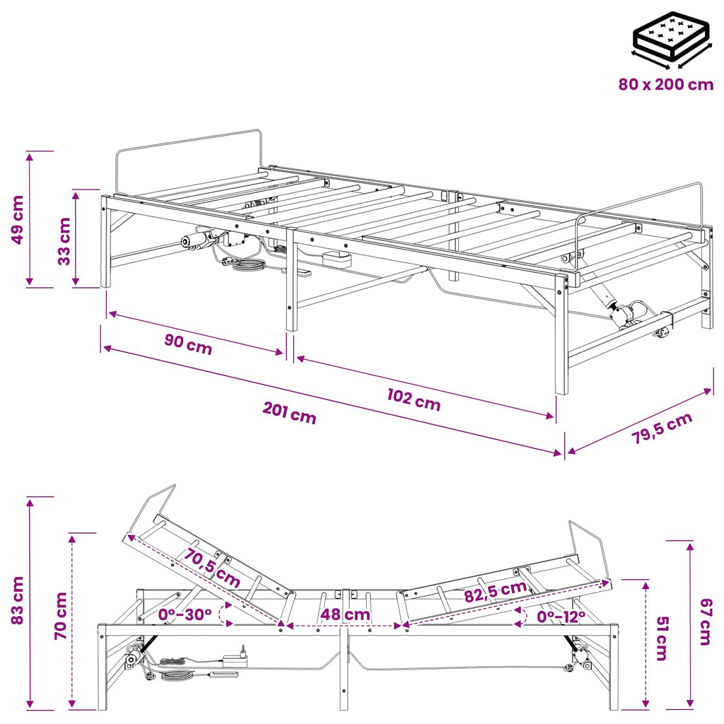 vidaXL Elektro Regulowany Stelaż Łóżka Czarny 80 x 200 cm Stal