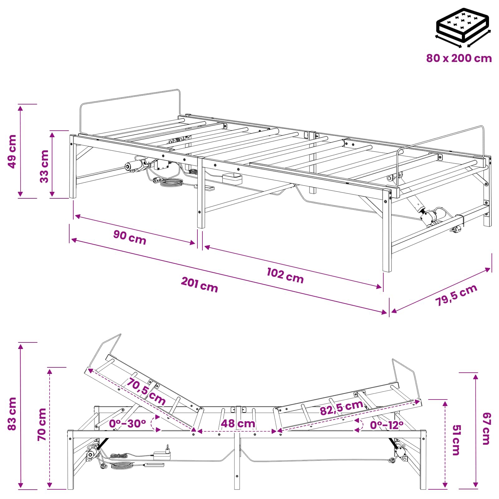 vidaXL Elektro Regulowany Stelaż Łóżka Czarny 80 x 200 cm Stal