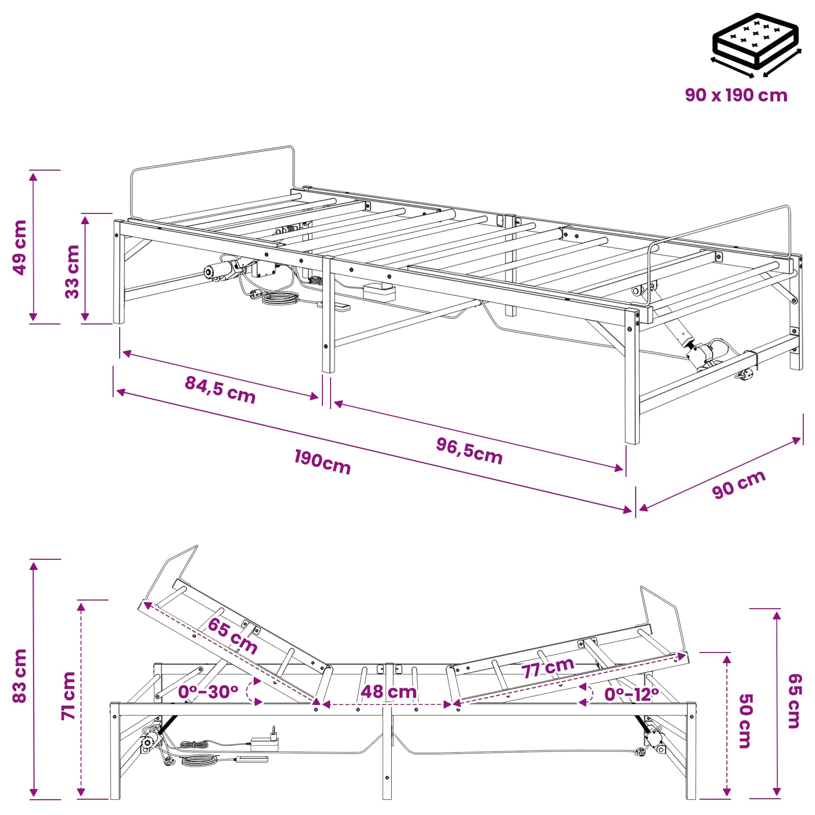 vidaXL Elektro Regulowany Stelaż Łóżka Czarny 90 x 190 cm Stal