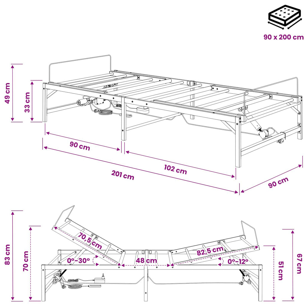 vidaXL Elektro Regulowany Stelaż Łóżka Czarny 90 x 200 cm Stal