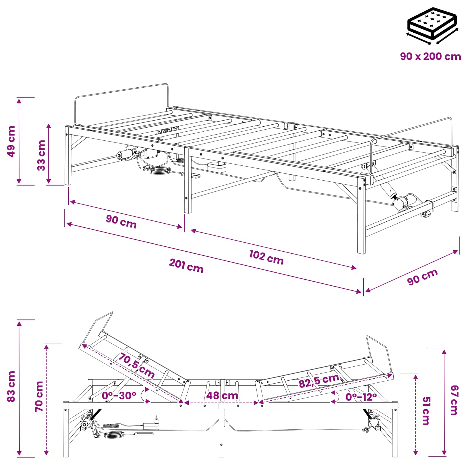 vidaXL Elektro Regulowany Stelaż Łóżka Czarny 90 x 200 cm Stal