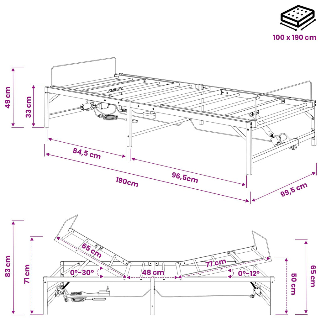 vidaXL Elektro Regulowany Stelaż Łóżka Czarny 100 x 190 cm Stal