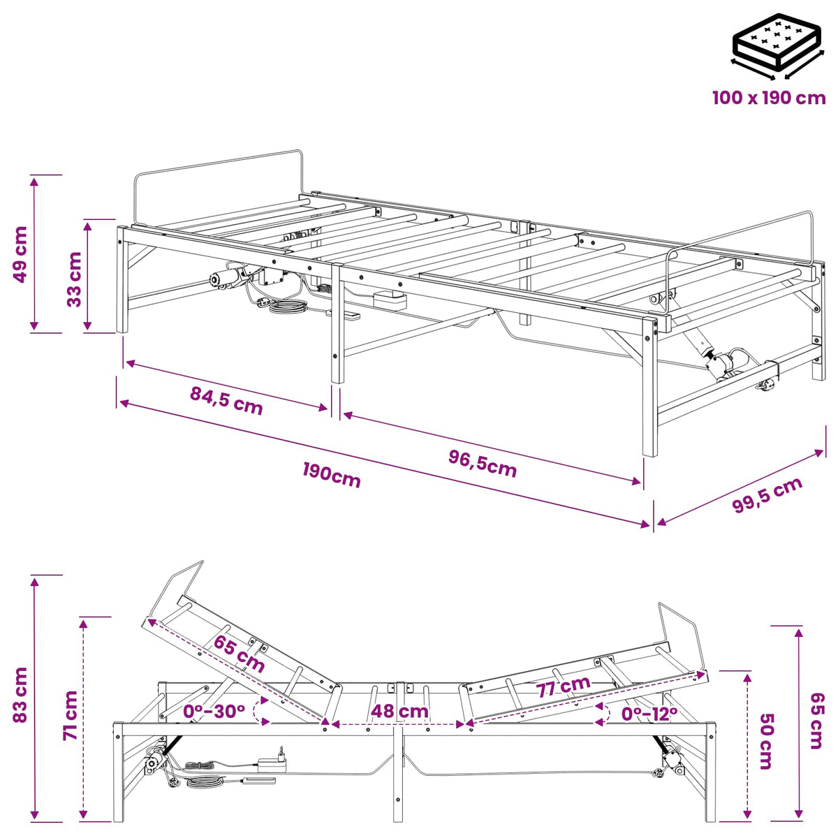 vidaXL Elektro Regulowany Stelaż Łóżka Czarny 100 x 190 cm Stal
