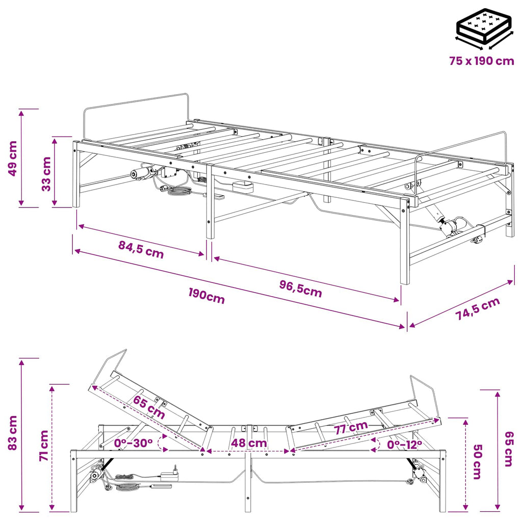 vidaXL Elektro Regulowany Stelaż Łóżka Biały 75 x 190 cm Stal