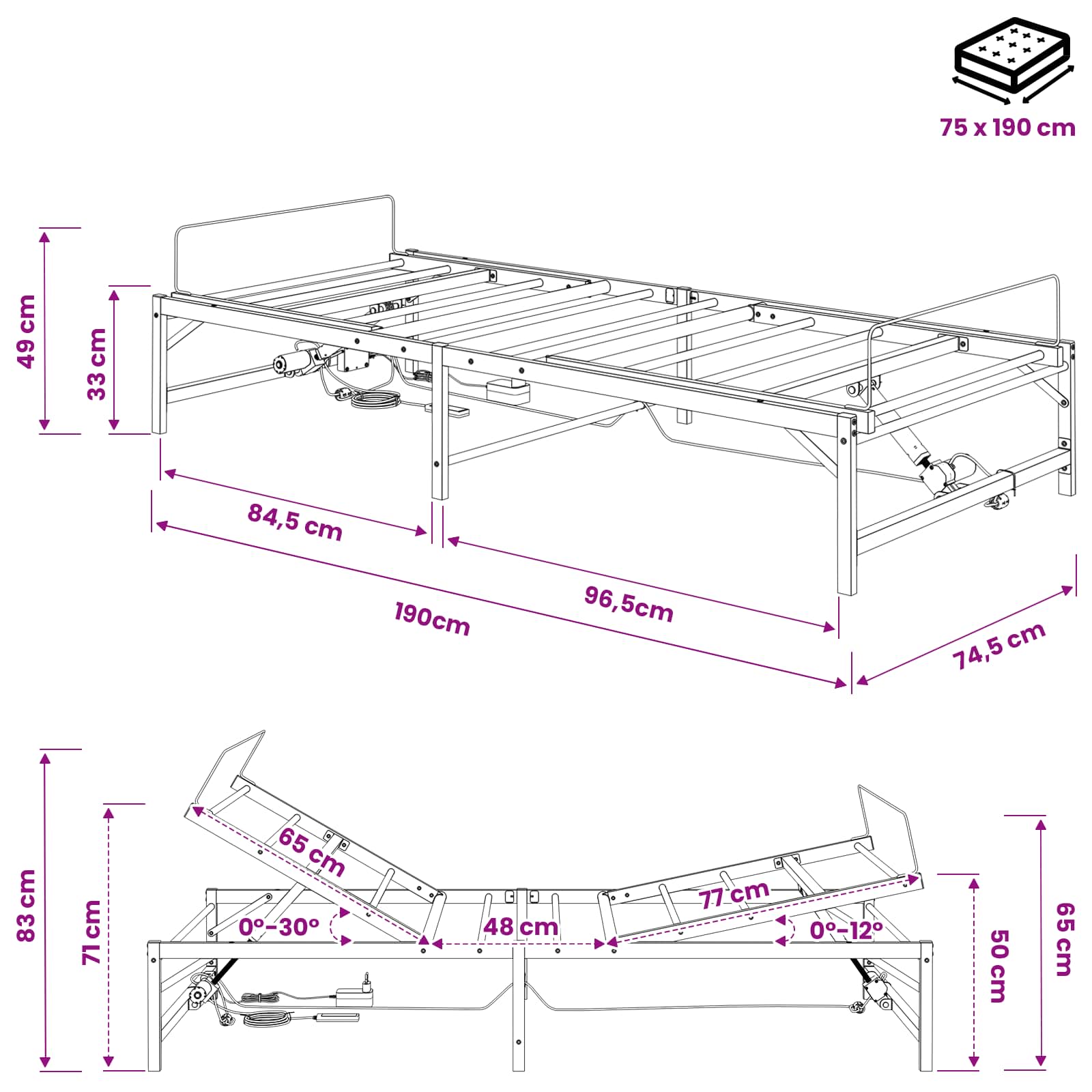 vidaXL Elektro Regulowany Stelaż Łóżka Biały 75 x 190 cm Stal