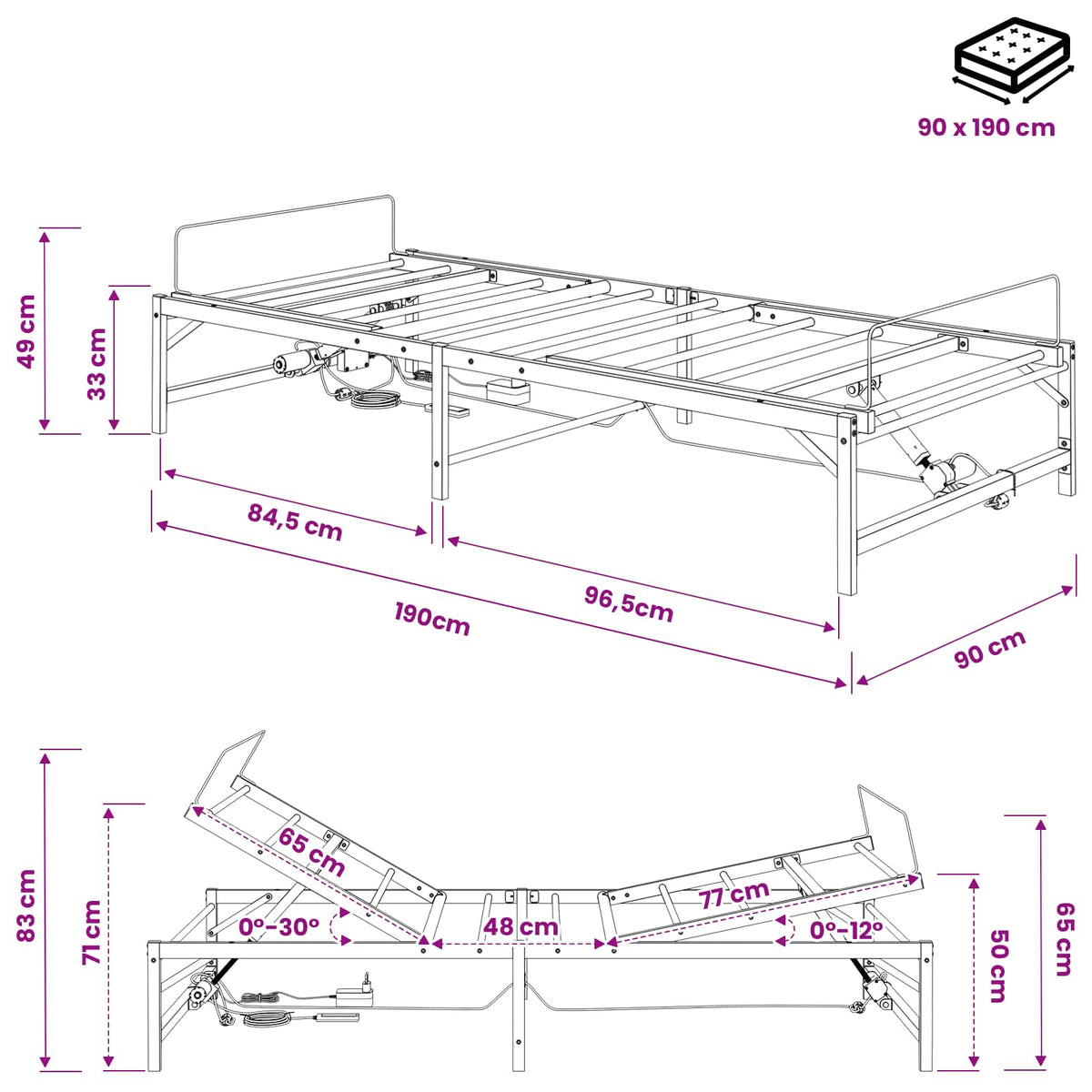 vidaXL Elektro Regulowany Stelaż Łóżka Biały 90 x 190 cm Stal