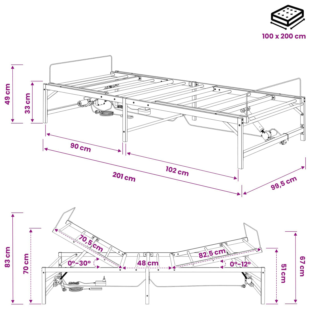 vidaXL Elektro Regulowany Stelaż Łóżka Biały 100 x 200 cm Stal
