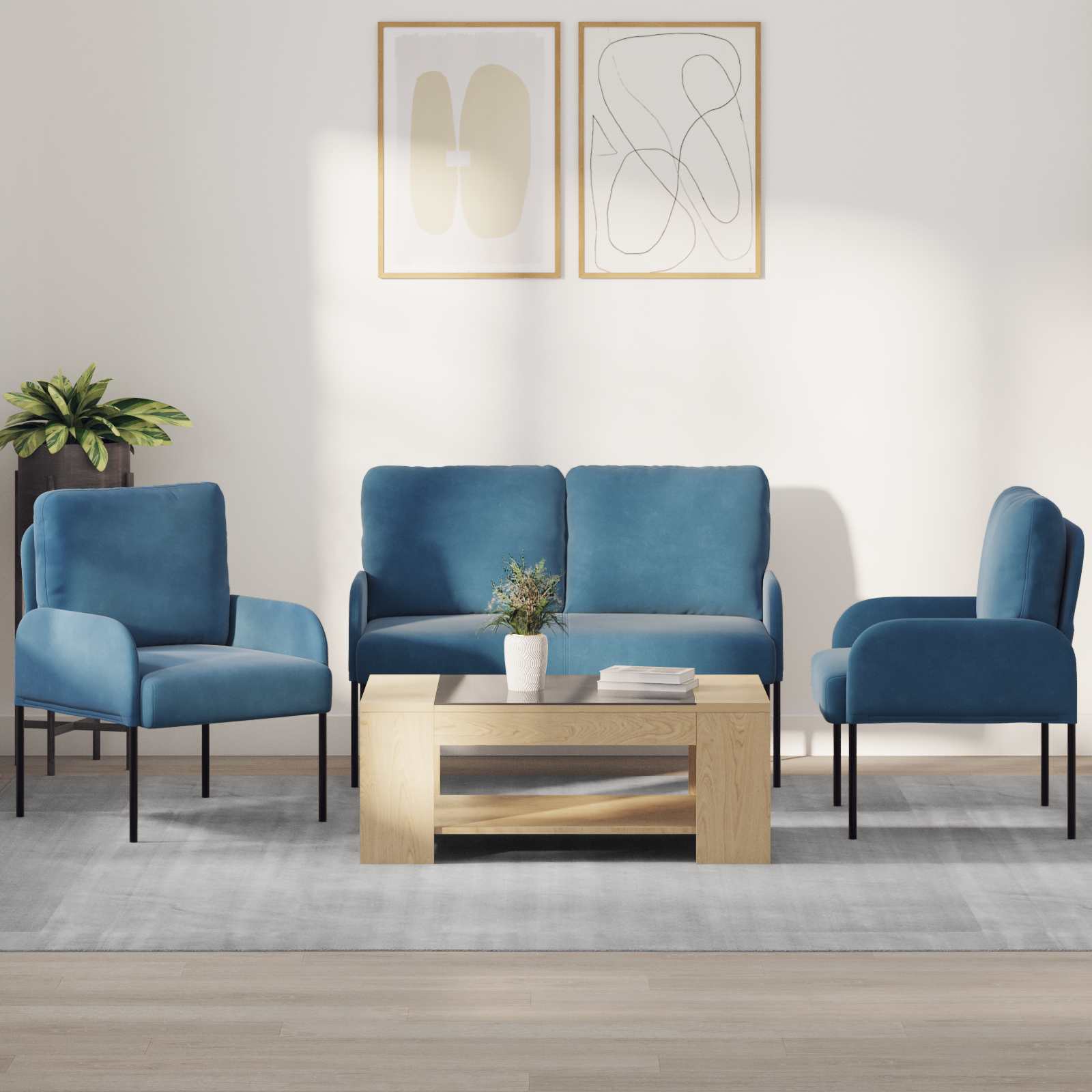 vidaXL Zestawy sof z poduszką 3 pcs Niebieski 115 x 56 x 80 cm sklejka