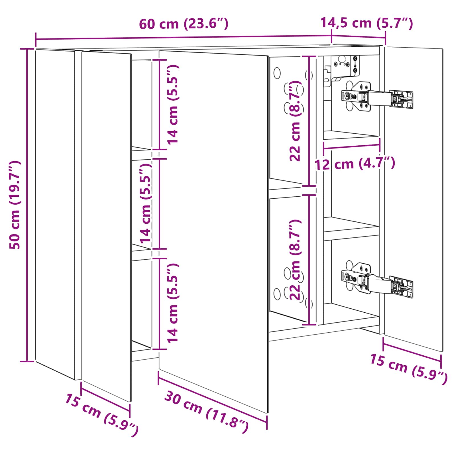 vidaXL Szafka z lustrem do łazienki Betonowy szary 60 x 14,5 x 50 cm