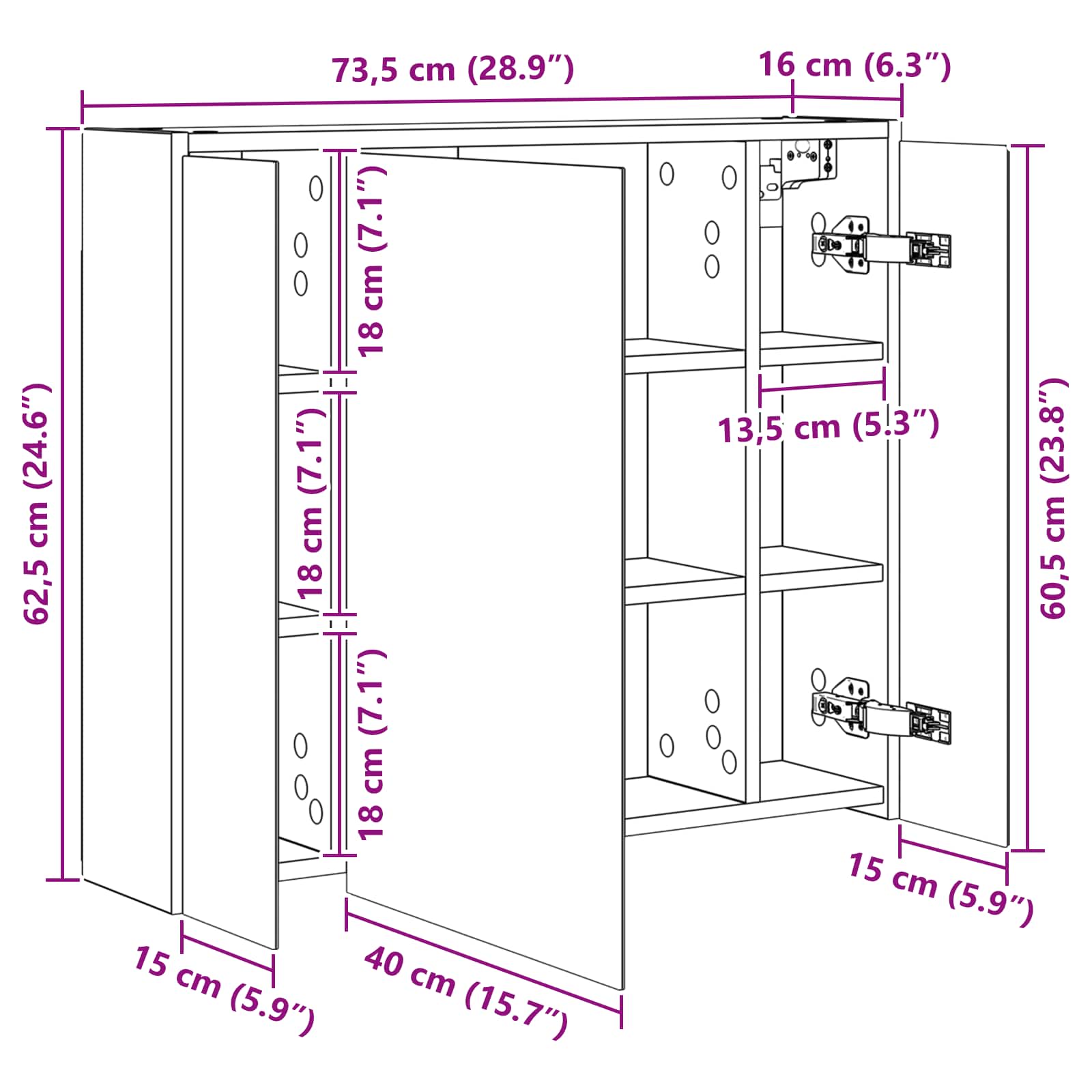 vidaXL Szafka z lustrem do łazienki Dąb Sonoma 73,5 x 16 x 62,5 cm