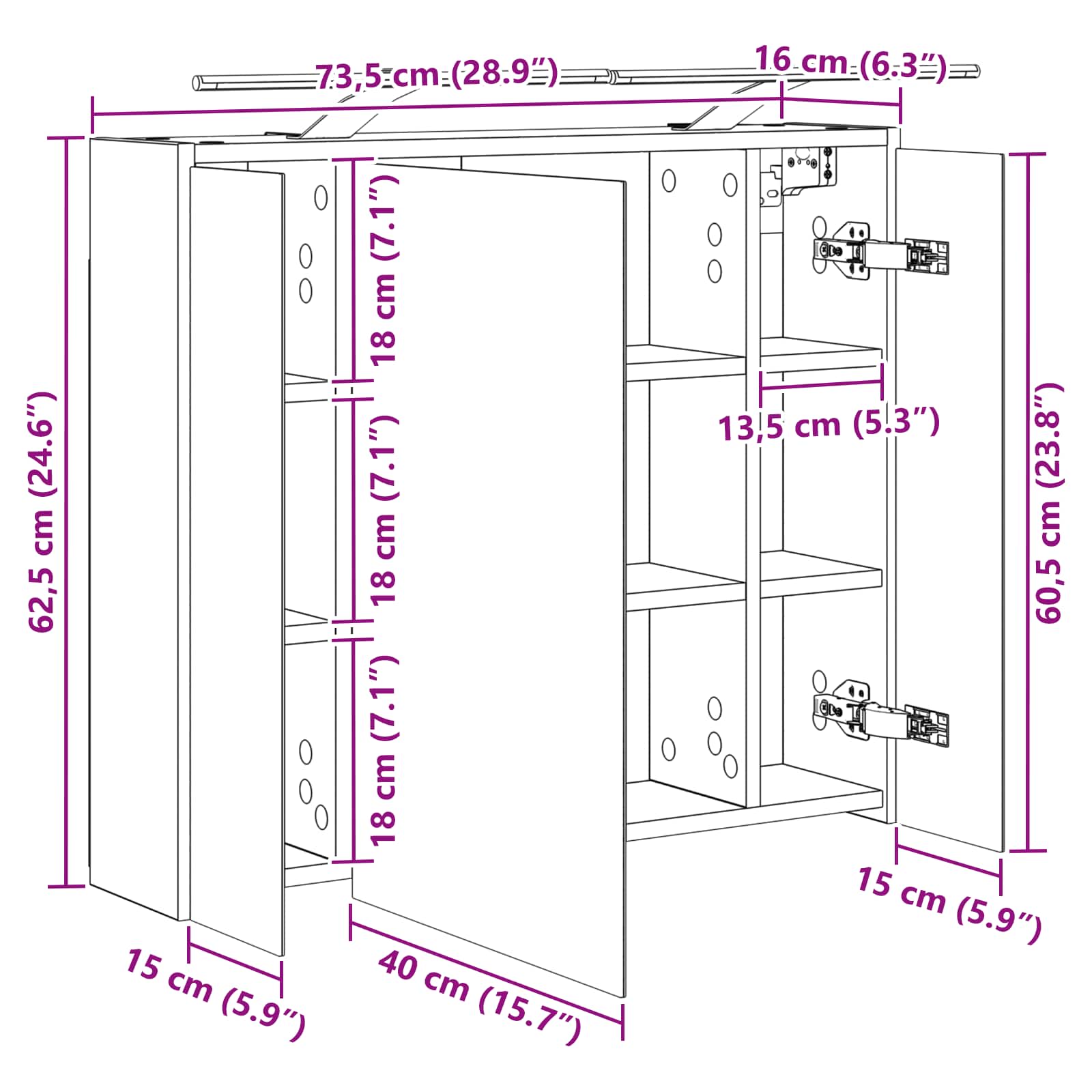 vidaXL Szafka z lustrem do łazienki Betonowy szary 73,5 x 16 x 62,5 cm