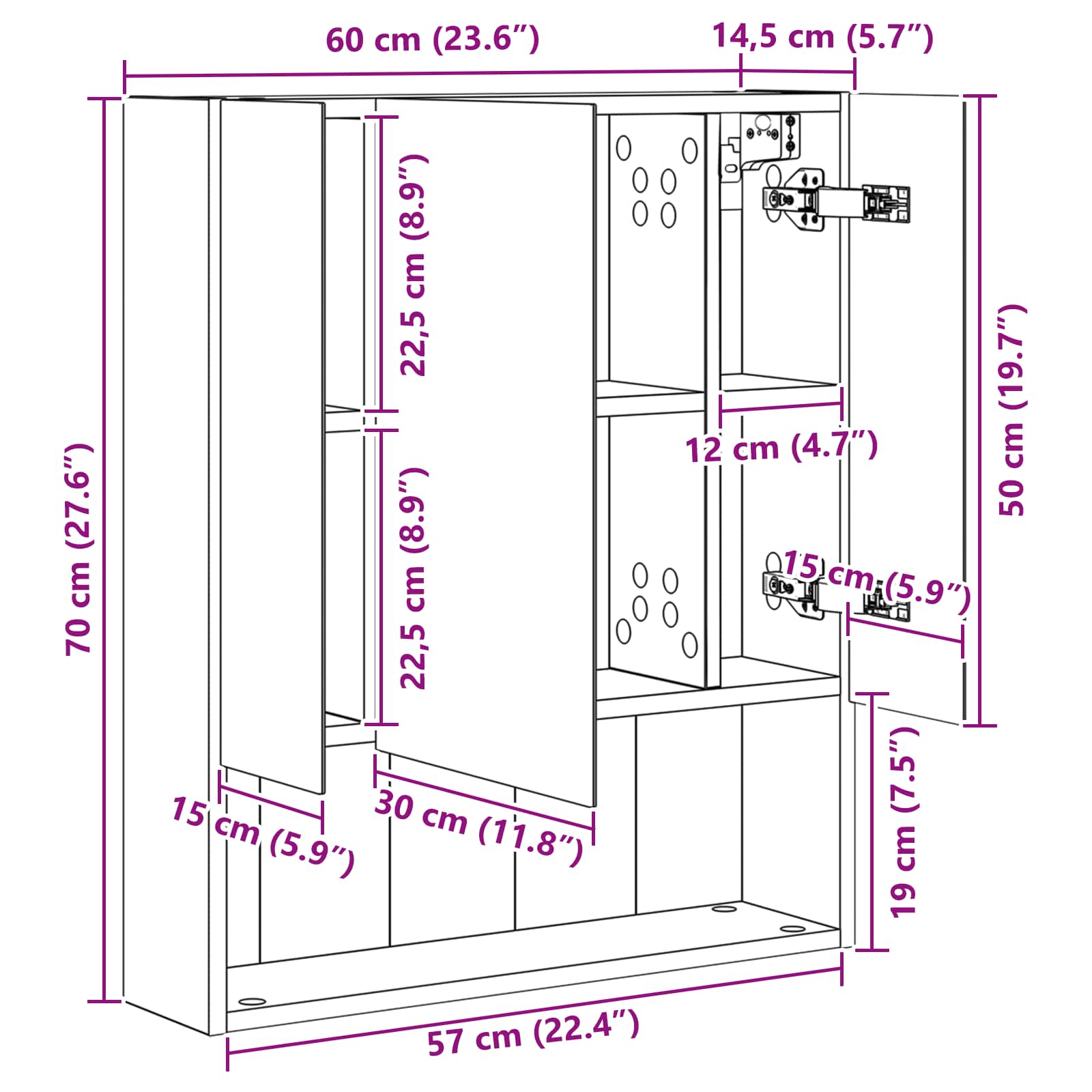 vidaXL Szafka z lustrem do łazienki Dąb Sonoma 60 x 14.5 x 70 cm