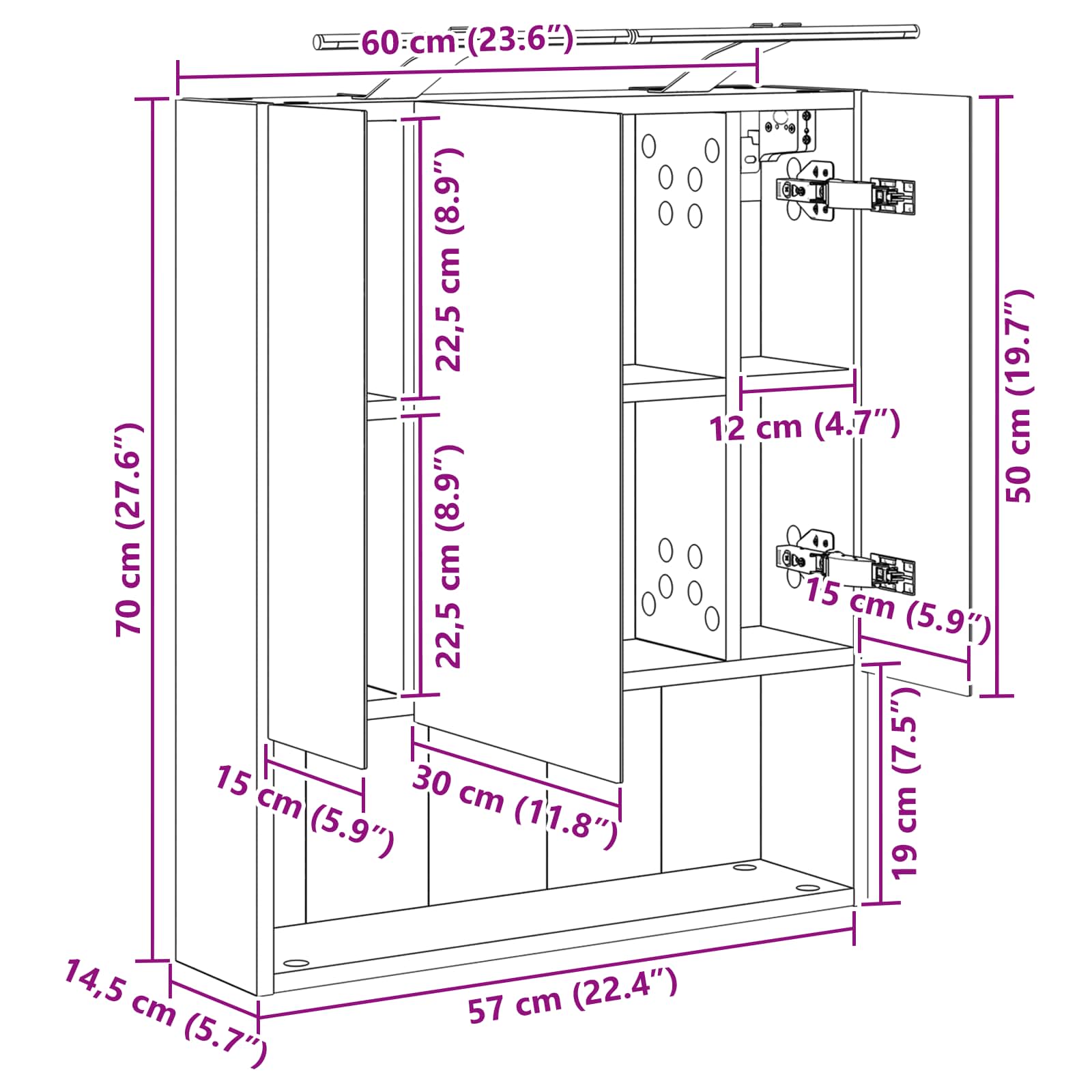 vidaXL Szafka z lustrem do łazienki Betonowy szary 60 x 14.5 x 70 cm