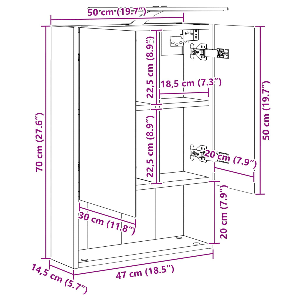 vidaXL Szafka z lustrem do łazienki Betonowy szary 50 x 14,5 x 70 cm