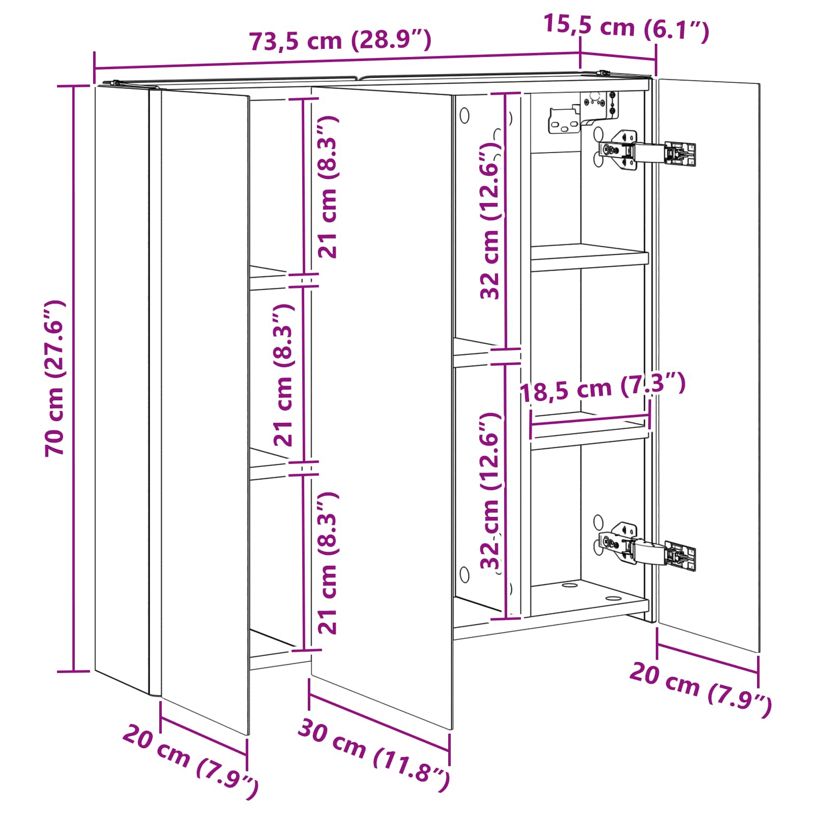 vidaXL Szafka z lustrem do łazienki Betonowy szary 73.5 x 15.5 x 70 cm