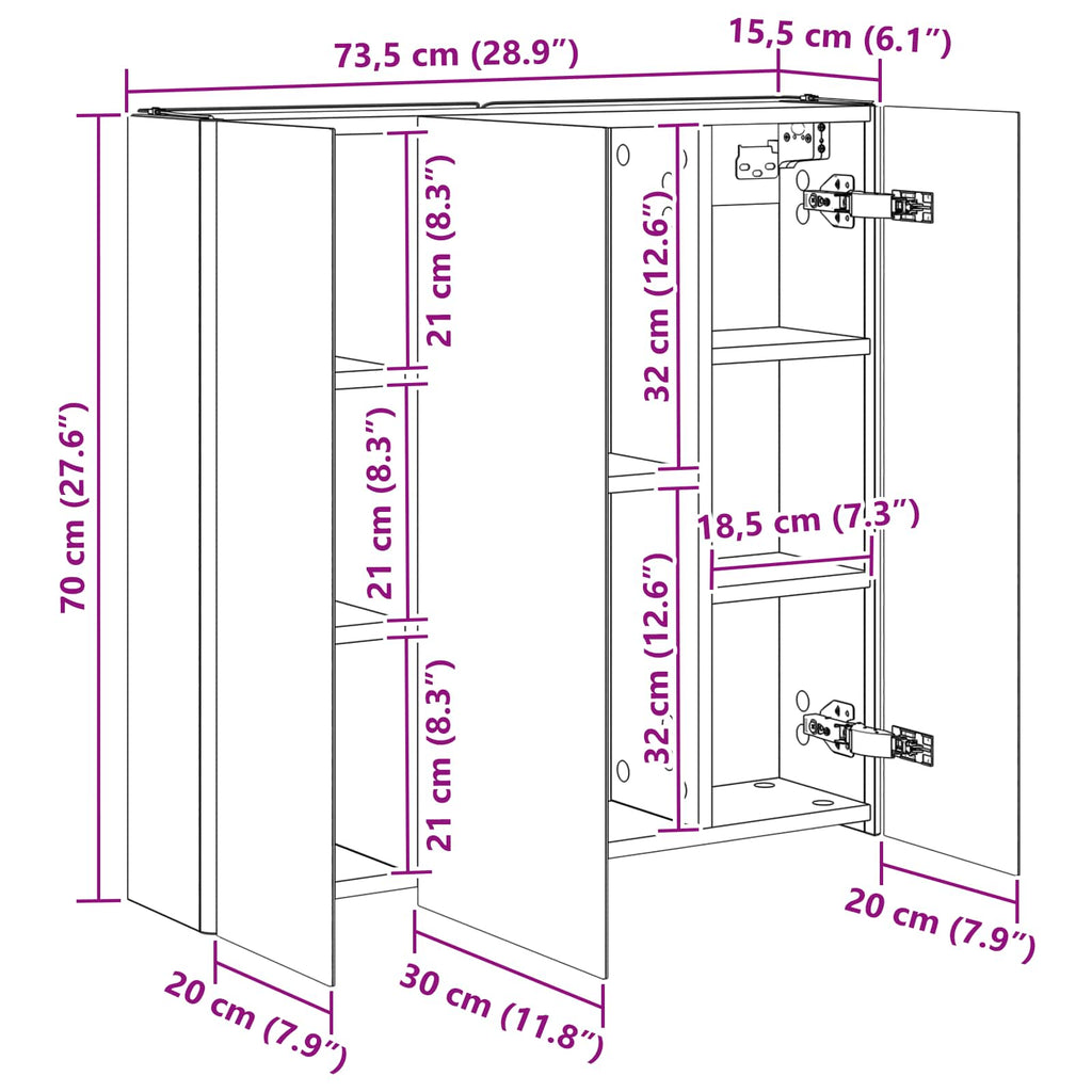 vidaXL Szafka z lustrem do łazienki Szary Sonoma 73.5 x 15.5 x 70 cm