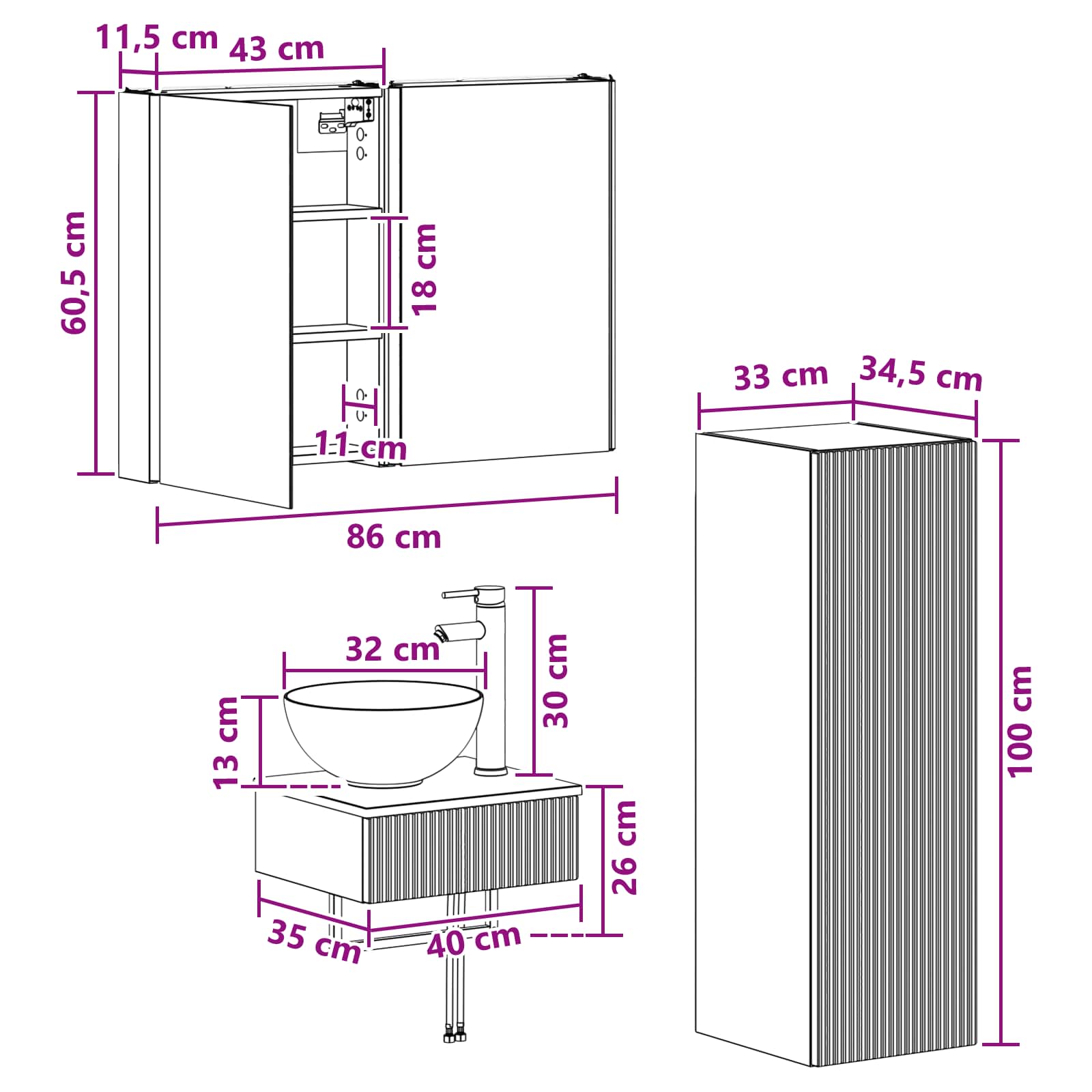 vidaXL Zestaw Szafek Łazienkowych 4 pcs Biały 43 x 11,5 x 60,5 cm