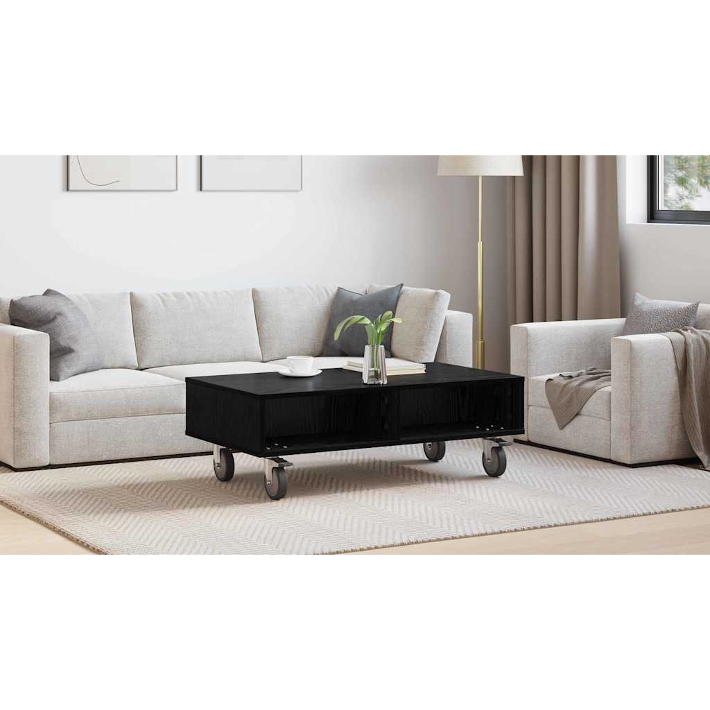 vidaXL Stolik boczny z kółkami Czarny Dąb 90 x 50 x 30 cm