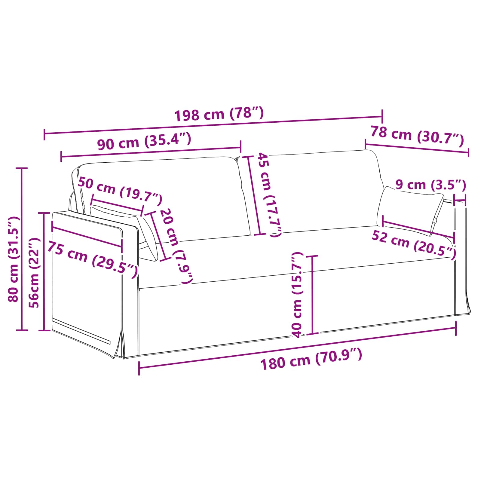 vidaXL Zestaw Sof 2 pcs Czarny 198 x 78 x 80 cm tkanina