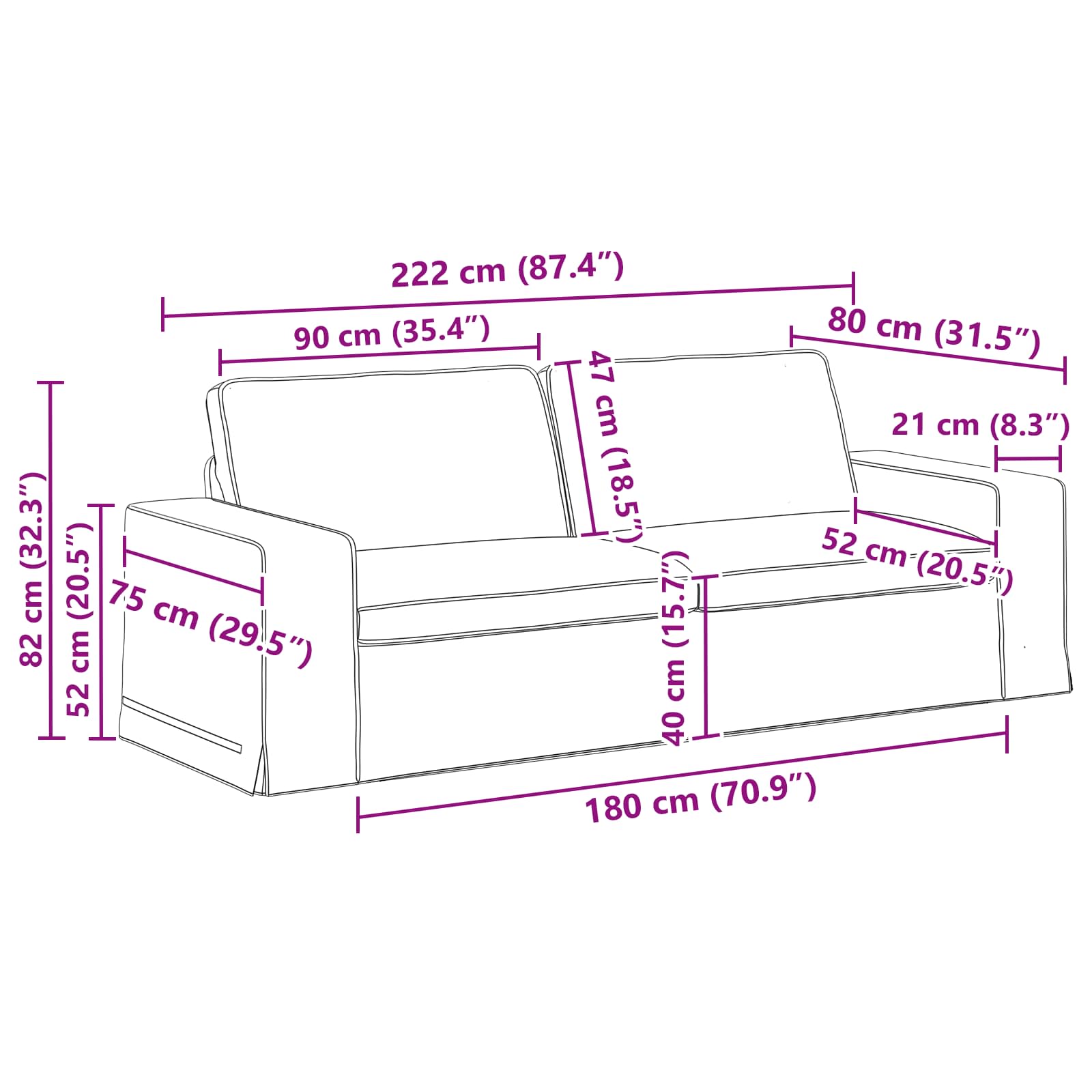 vidaXL Zestaw Sof 2 pcs Czarny 222 x 80 x 82 cm tkanina