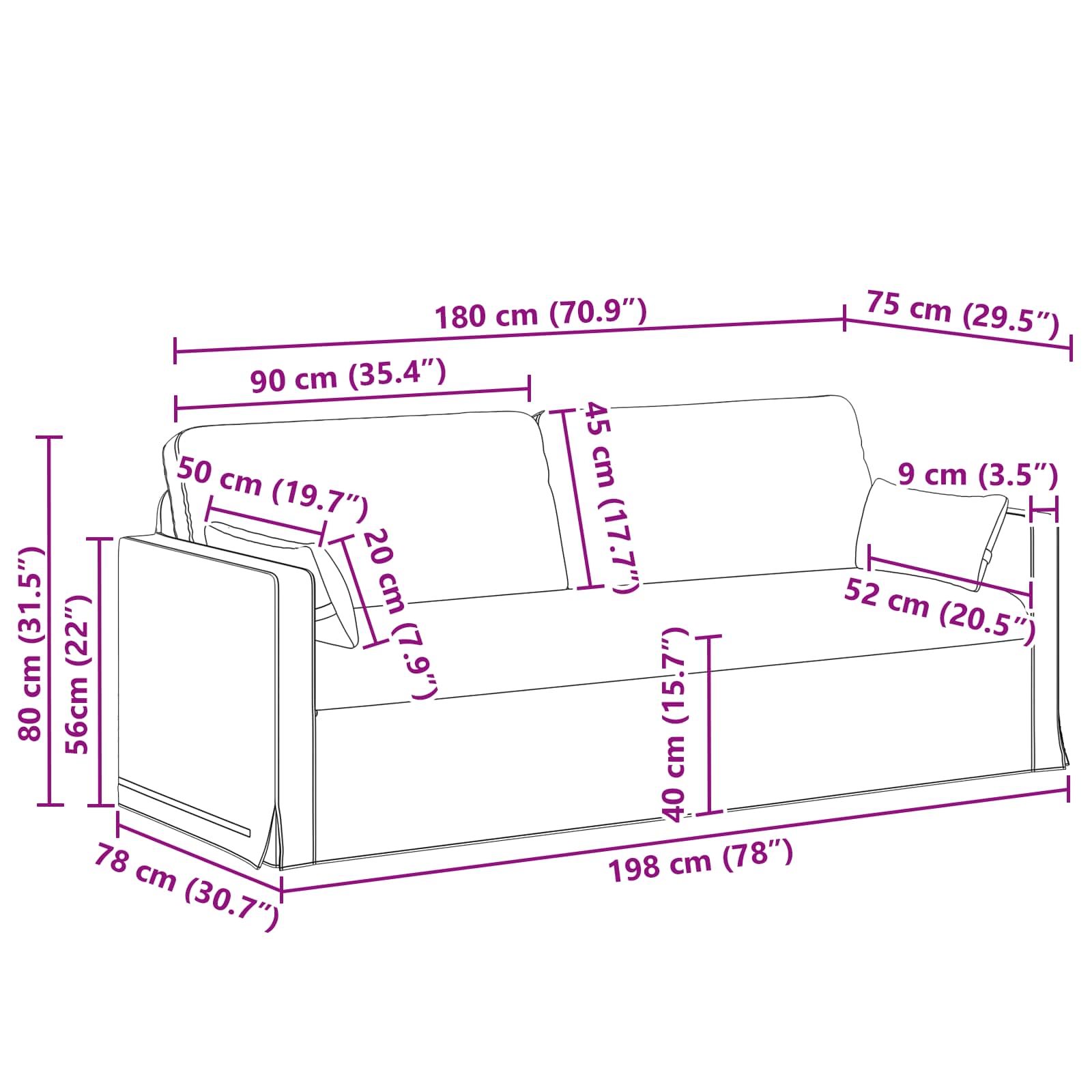 vidaXL Sofa Niebieski 198 x 78 x 80 cm tkanina
