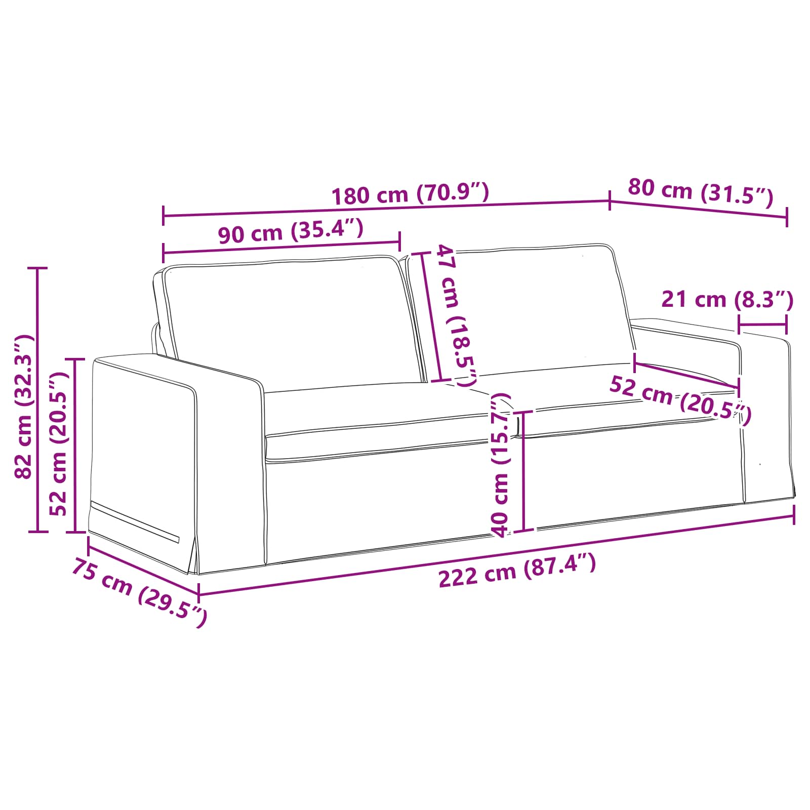 vidaXL Sofa Ciemnoszary 222 x 80 x 82 cm tkanina