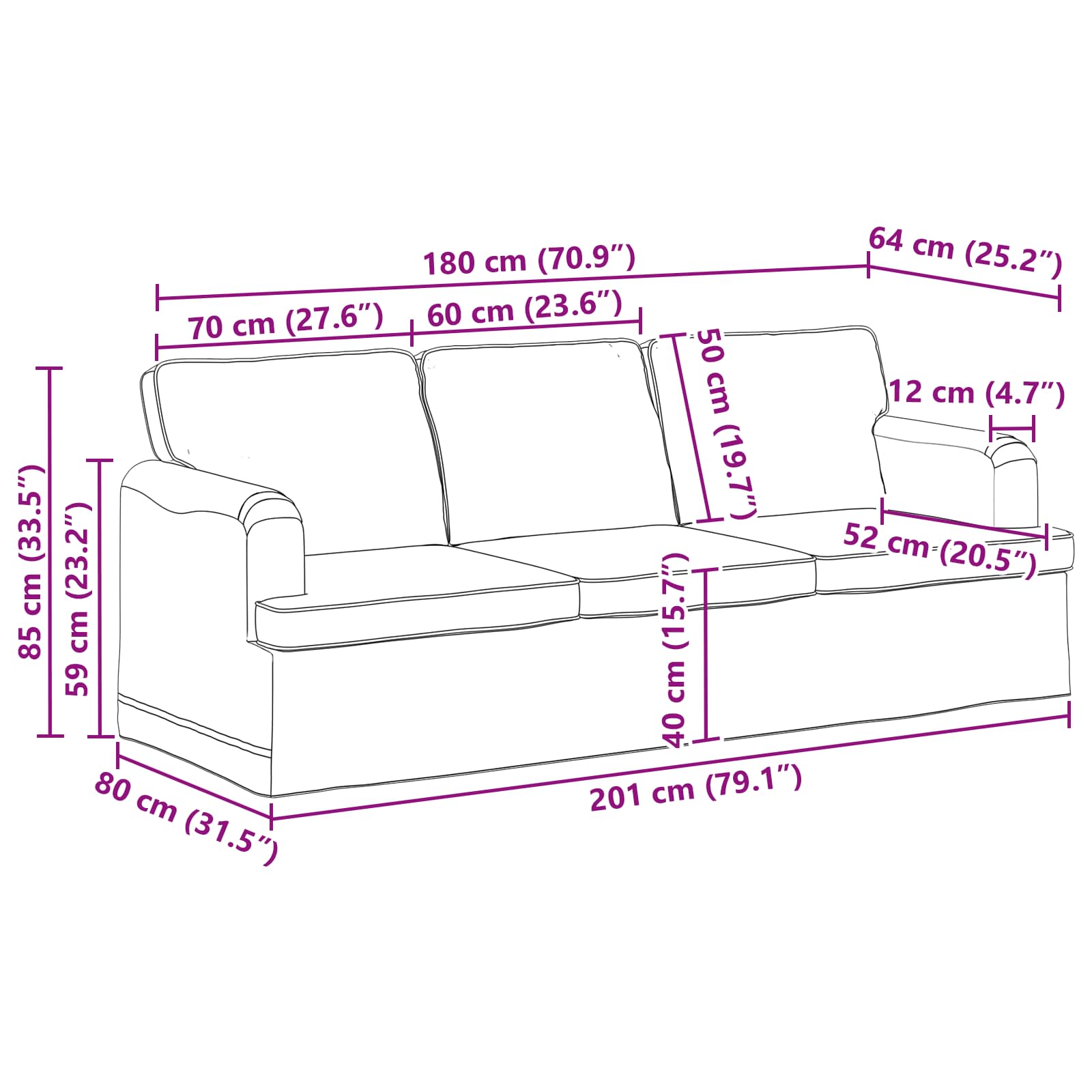 vidaXL Sofa Kremowy 201 x 80 x 85 cm tkanina