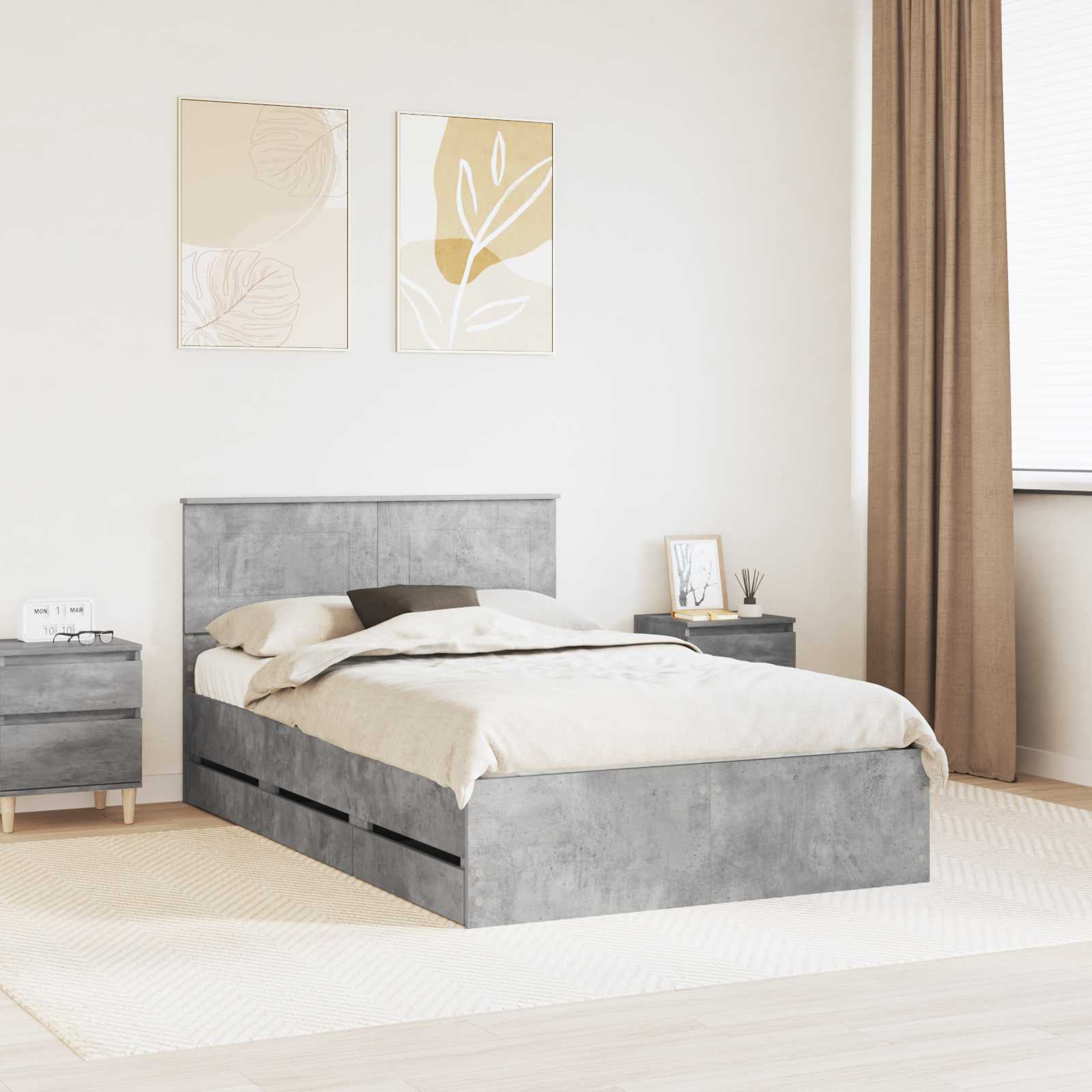 vidaXL Ramka łóżka Betonowy szary 135 x 190 cm Drewno inżynieryjne