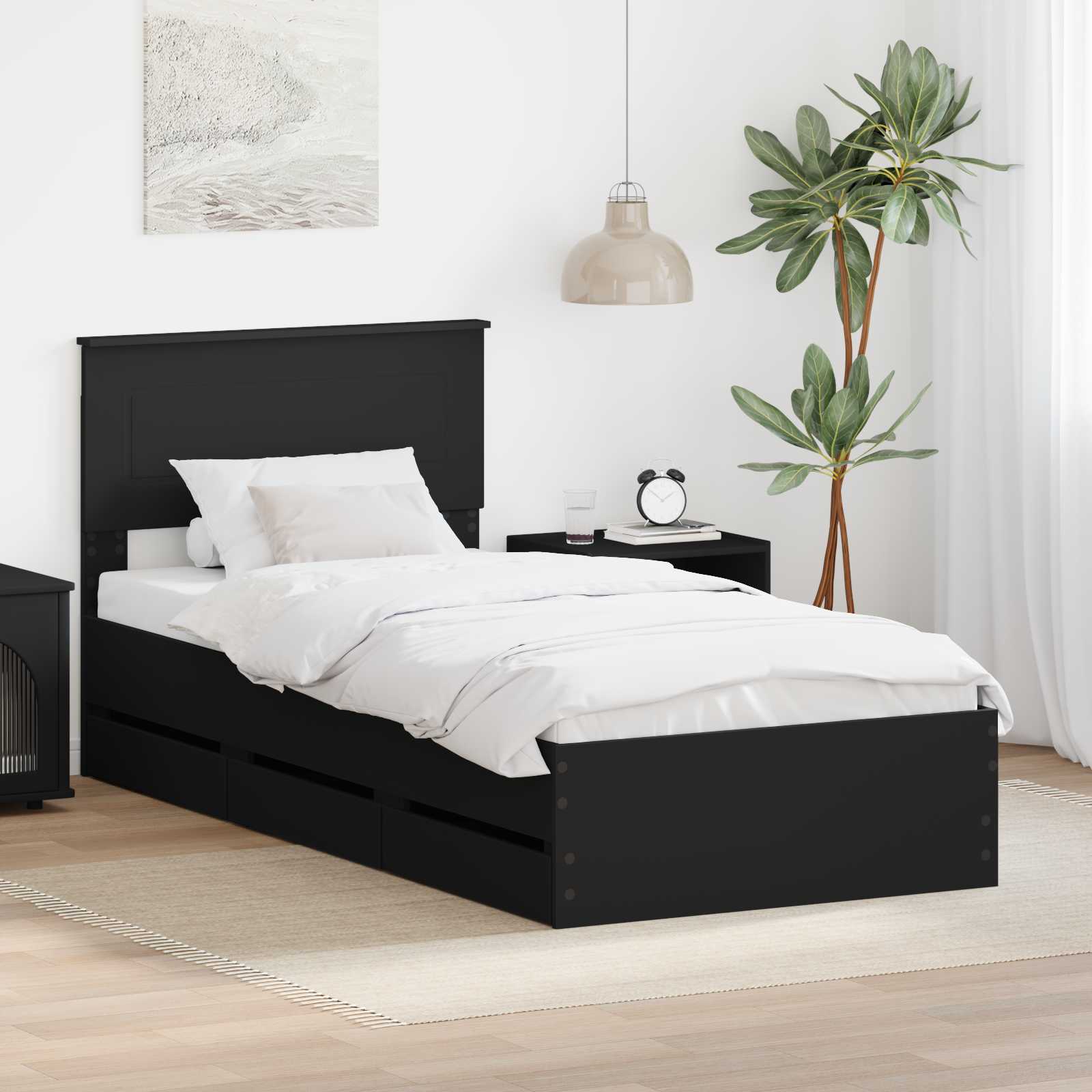 vidaXL Ramka łóżka z szufladą Czarny 100 x 200 cm Drewno inżynieryjne