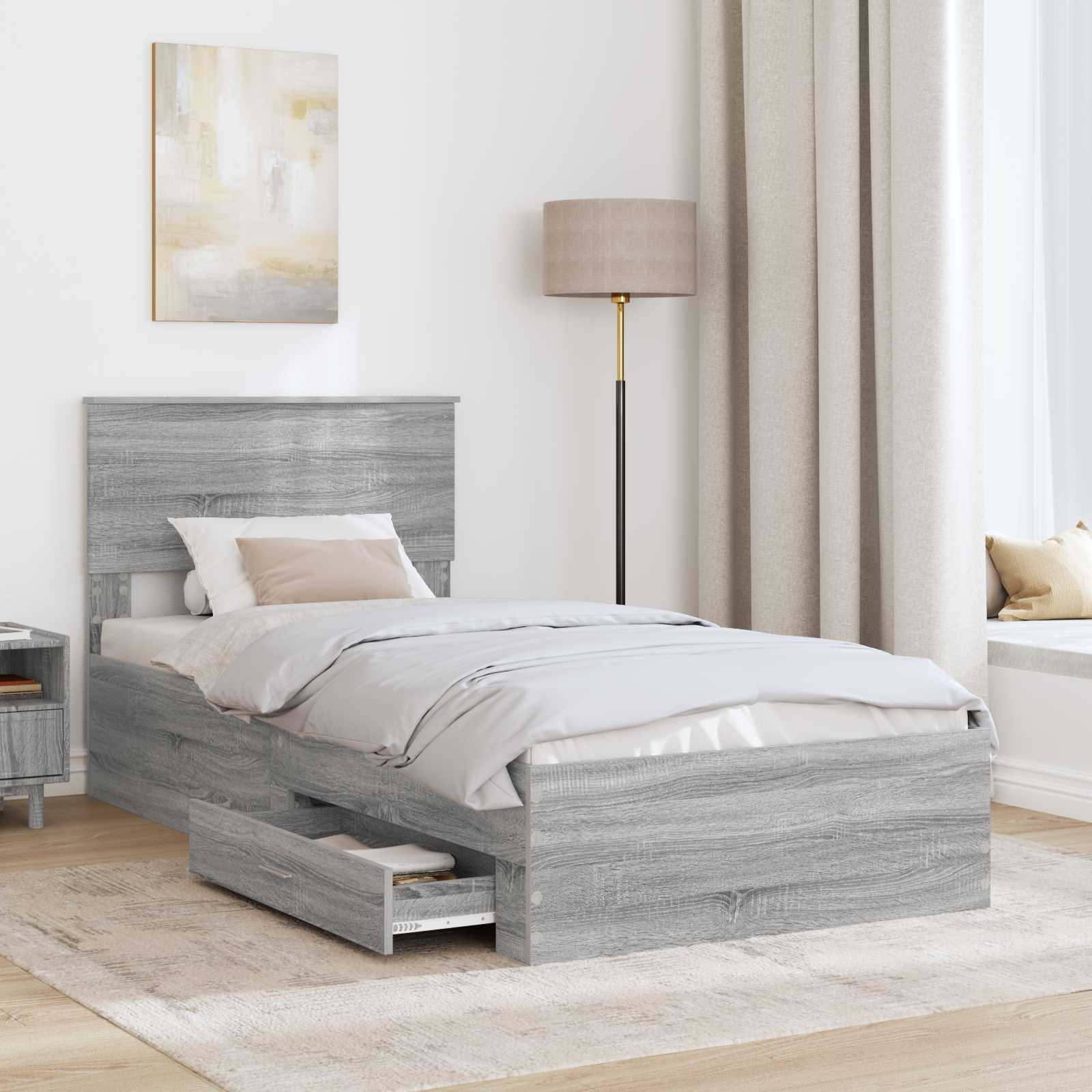 vidaXL Ramka łóżka Z zagłówkiem Szary Sonoma i srebro 75 x 190 cm