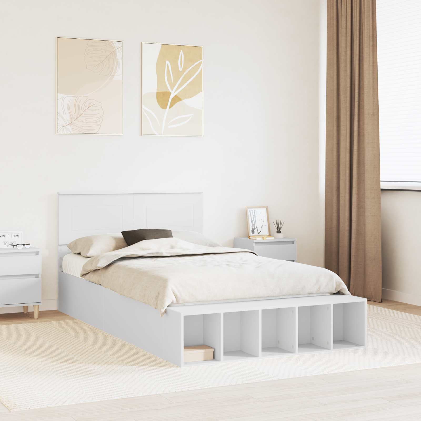 vidaXL Ramka łóżka z półką Biały 135 x 190 cm Materiał drewnopochodny
